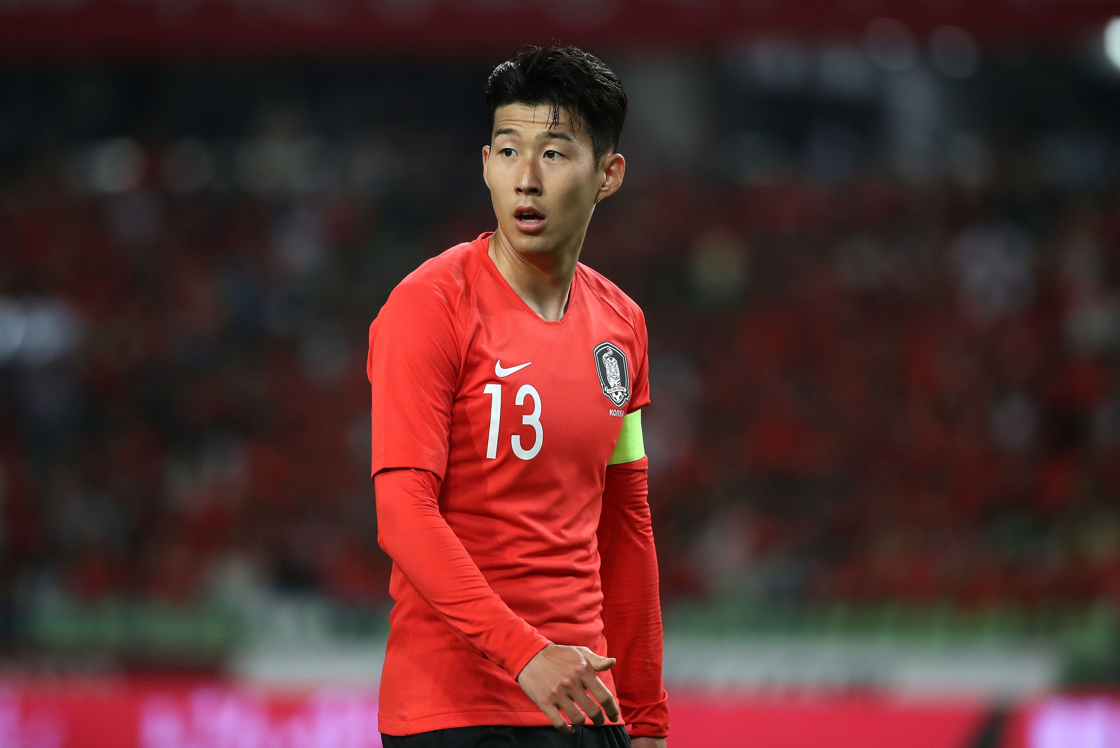 DAEGU, South Korea - MAY 28:  Son Heung-Min of South Korea in action during the international friendly match between South Korea and Honduras at Daegu World Cup Stadium on May 28, 2018 in Daegu, South Korea.  (Photo by Chung Sung-Jun/Getty Images)