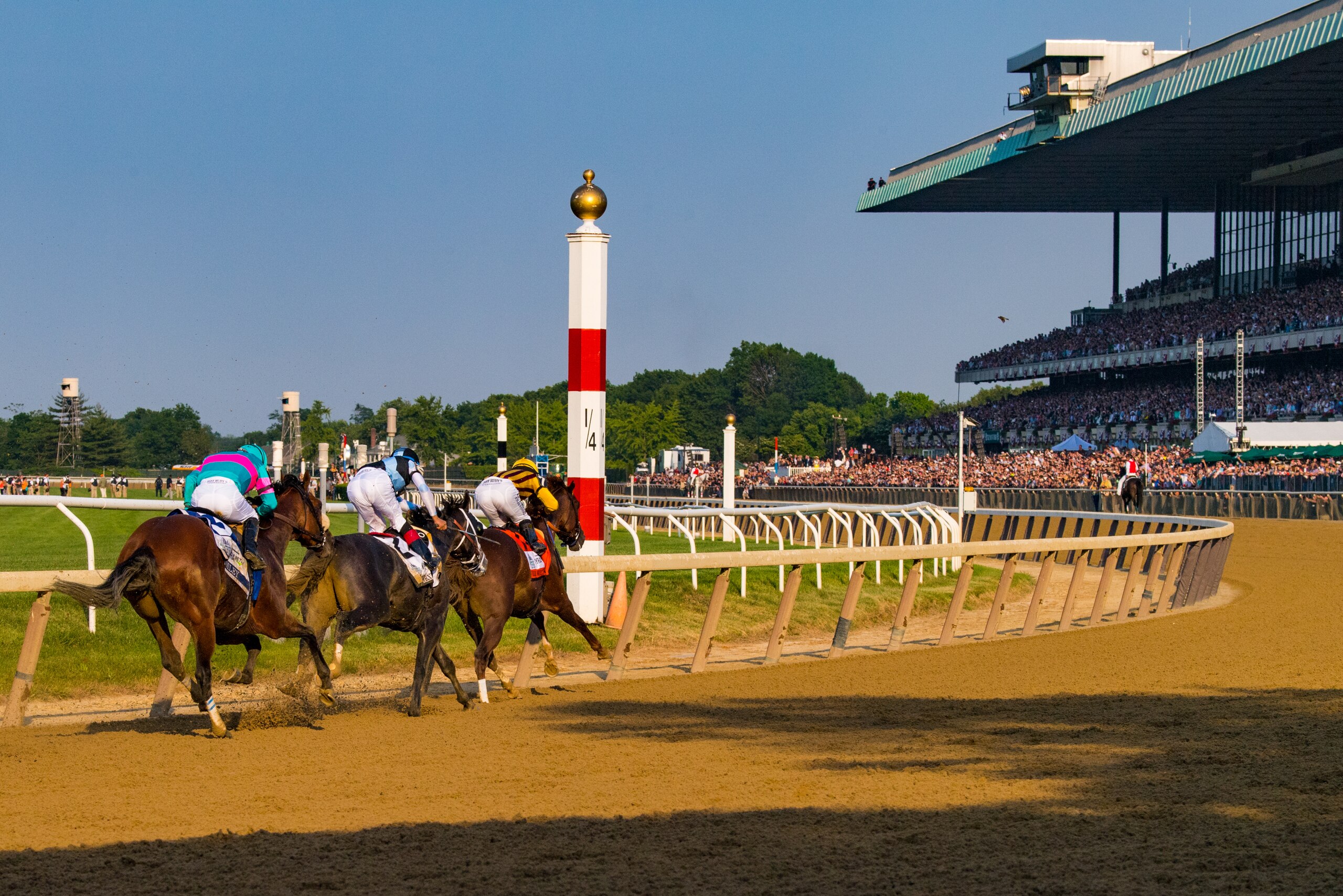 ELMONT, NY - JUNE 10: Jockey Rajiv Maragh on Irish War Cry #7 leading turn 4 with jockey Jose Ortiz on Tapwrit #2 and jockey Victor Espinoza on Gormley #3 chasing during The 149th running of the Belmont Stakes at Belmont Park on June 10, 2017 in Elmont, N ELMONT, NY - JUNE 10: Jockey Rajiv Maragh on Irish War Cry #7 leading turn 4 with jockey Jose Ortiz on Tapwrit #2 and jockey Victor Espinoza on Gormley #3 chasing during The 149th running of the Belmont Stakes at Belmont Park on June 10, 2017 in Elmont, N