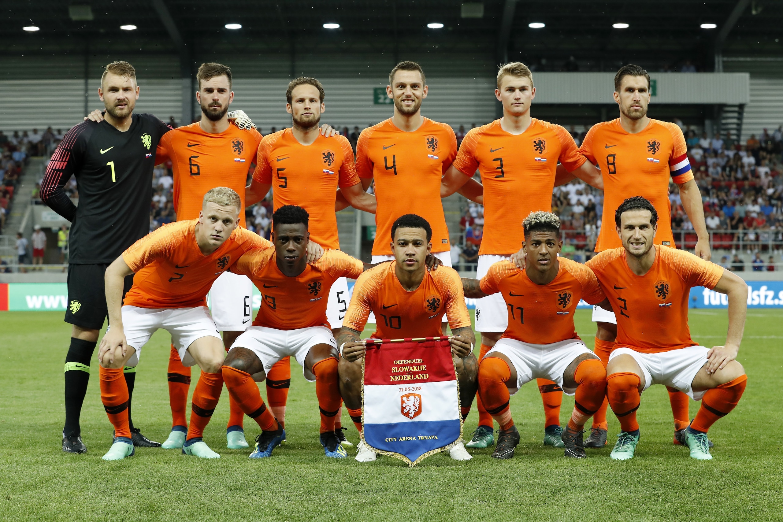 (Top Row L-R)  goalkeeper Jeroen Zoet of Holland, Davy Propper of Holland, Daley Blind of Holland, Stefan de Vrij of Holland, Matthijs de Ligt of Holland, Kevin Strootman of Holland 

(Front row L-R) Donny van de Beek of Holland, Quincy Promes of Holland,