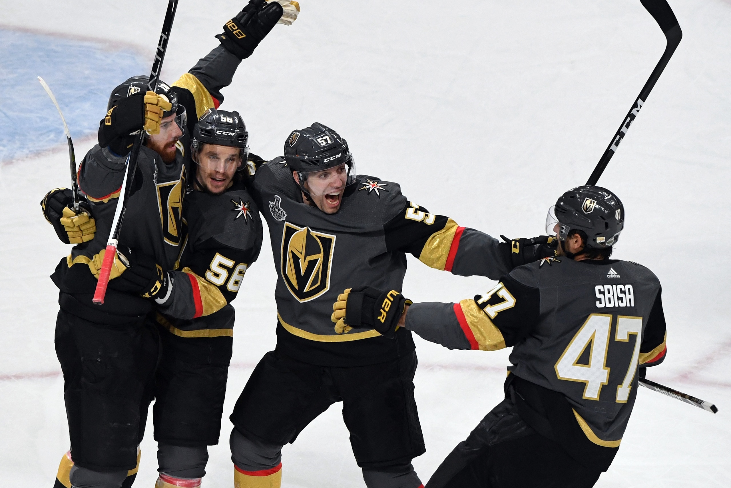 LAS VEGAS, NV - MAY 30: (L-R) James Neal #18 of the Vegas Golden Knights celebrates with teammates Erik Haula #56, David Perron #57 and Luca Sbisa #47 after Sbisa assisted Neal on a goal against the Washington Capitals in the first period of Game Two of LAS VEGAS, NV - MAY 30: (L-R) James Neal #18 of the Vegas Golden Knights celebrates with teammates Erik Haula #56, David Perron #57 and Luca Sbisa #47 after Sbisa assisted Neal on a goal against the Washington Capitals in the first period of Game Two of