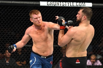 UTICA, NY - JUNE 01:  (L-R) Sam Alvey punches Gian Villante in their light heavyweight fight during the UFC Fight Night event at the Adirondack Bank Center on June 1, 2018 in Utica, New York. (Photo by Josh Hedges/Zuffa LLC/Zuffa LLC via Getty Images)