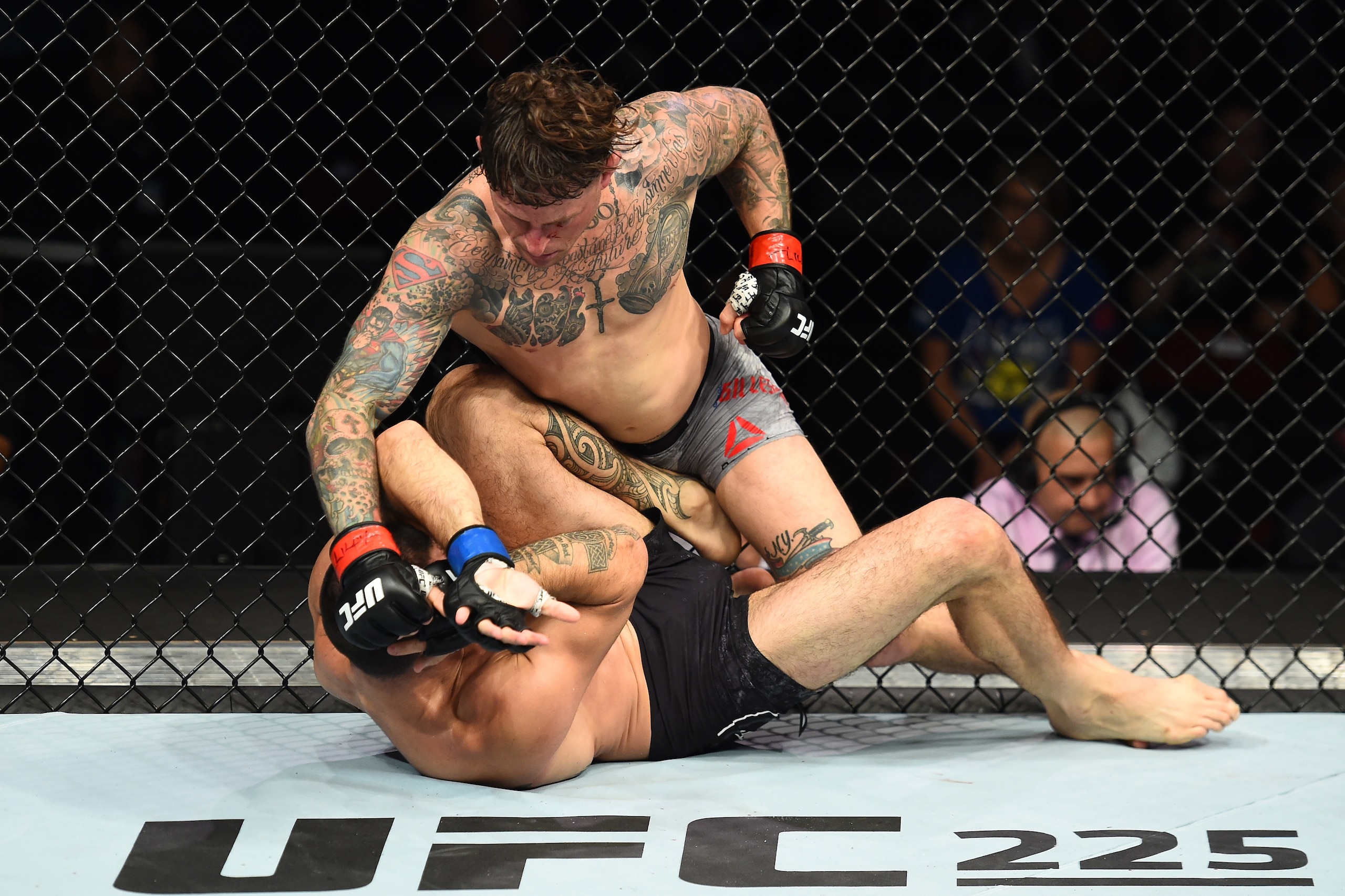 UTICA, NY - JUNE 01:  (R-L) Gregor Gillespie punches Vinc Pichel in their lightweight fight during the UFC Fight Night event at the Adirondack Bank Center on June 1, 2018 in Utica, New York. (Photo by Josh Hedges/Zuffa LLC/Zuffa LLC via Getty Images)