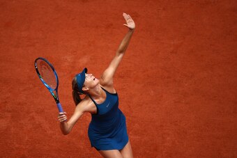 PARIS, FRANCE - JUNE 02: Maria Sharapova of Russia serves during her ladies singles third round match against Kristyna Pliskova of Czech Republic during day seven of the 2018 French Open at Roland Garros on June 2, 2018 in Paris, France. (Photo by Camer PARIS, FRANCE - JUNE 02: Maria Sharapova of Russia serves during her ladies singles third round match against Kristyna Pliskova of Czech Republic during day seven of the 2018 French Open at Roland Garros on June 2, 2018 in Paris, France. (Photo by Camer