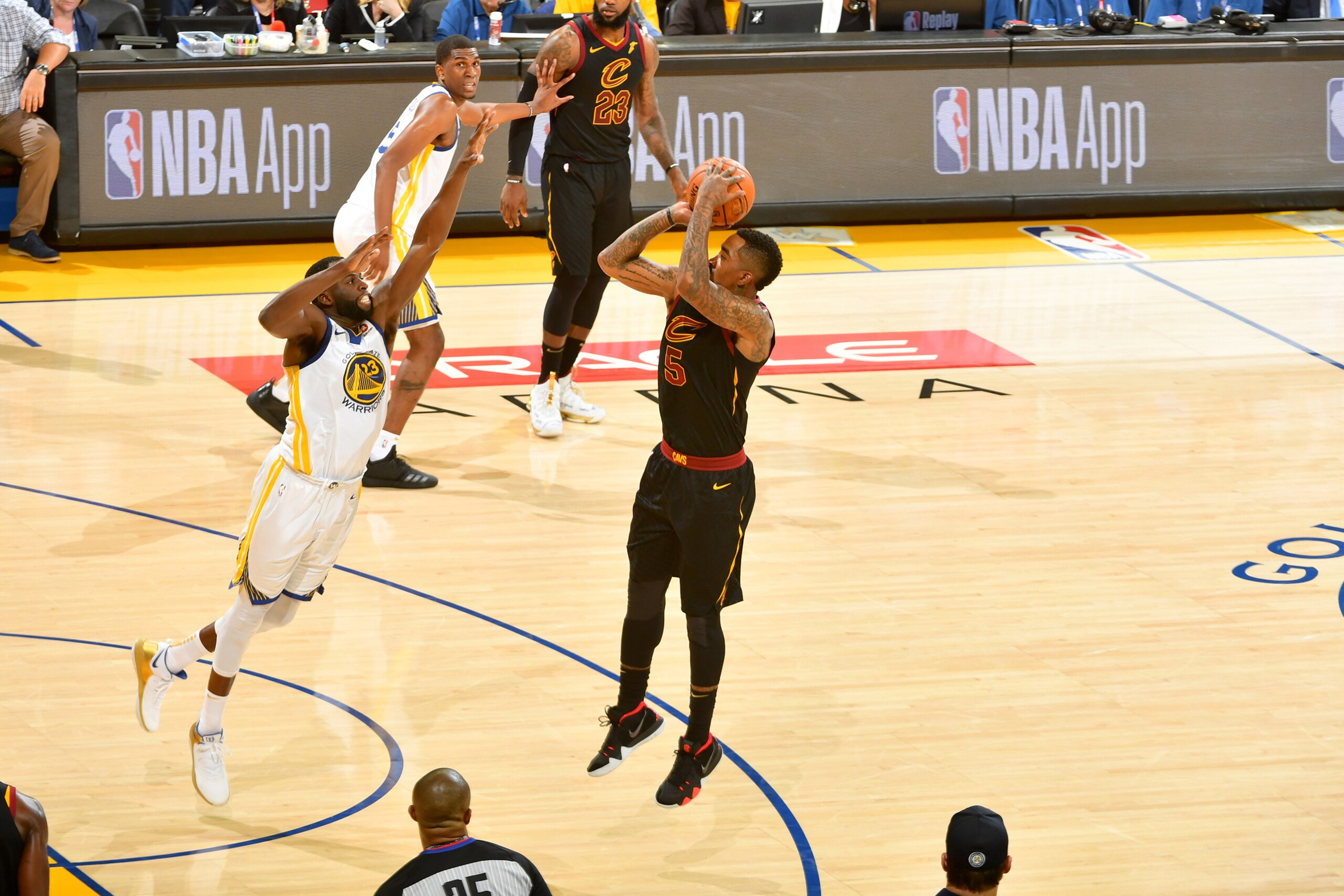 OAKLAND, CA - MAY 31: JR Smith #5 of the Cleveland Cavaliers shoots the ball against the Golden State Warriors in Game One of the 2018 NBA Finals on May 31, 2018 at ORACLE Arena in Oakland, California. NOTE TO USER: User expressly acknowledges and agrees 