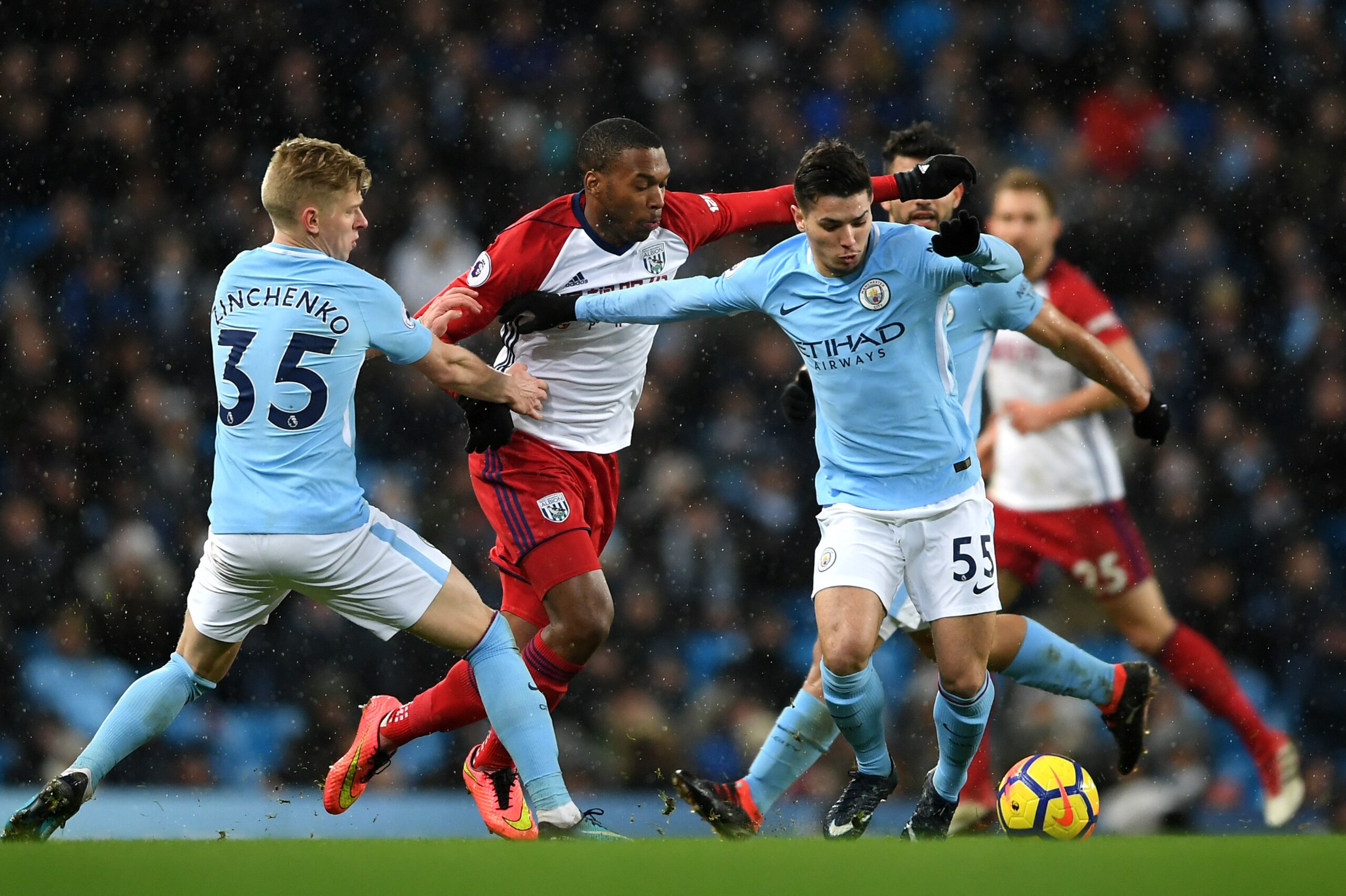 MANCHESTER, ENGLAND - JANUARY 31: Brahim Diaz of Manchester City is challenged by Daniel Sturridge of West Bromwich Albion during the Premier League match between Manchester City and West Bromwich Albion at Etihad Stadium on January 31, 2018 in Manchester MANCHESTER, ENGLAND - JANUARY 31: Brahim Diaz of Manchester City is challenged by Daniel Sturridge of West Bromwich Albion during the Premier League match between Manchester City and West Bromwich Albion at Etihad Stadium on January 31, 2018 in Manchester