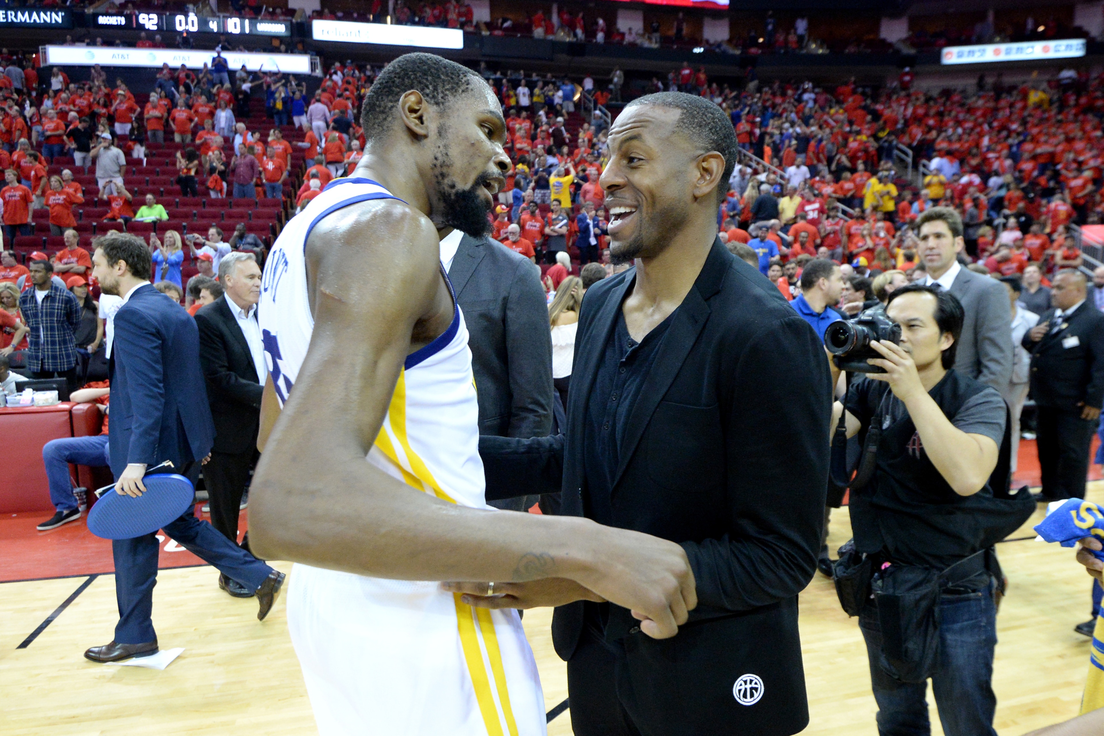 HOUSTON, TX - MAY 28: Kevin Durant #35 and Andre Iguodala #9 of the Golden State Warriors talk after Game Seven of the Western Conference Finals against the Houston Rockets during the 2018 NBA Playoffs on May 28, 2018 at the Toyota Center in Houston, Texa