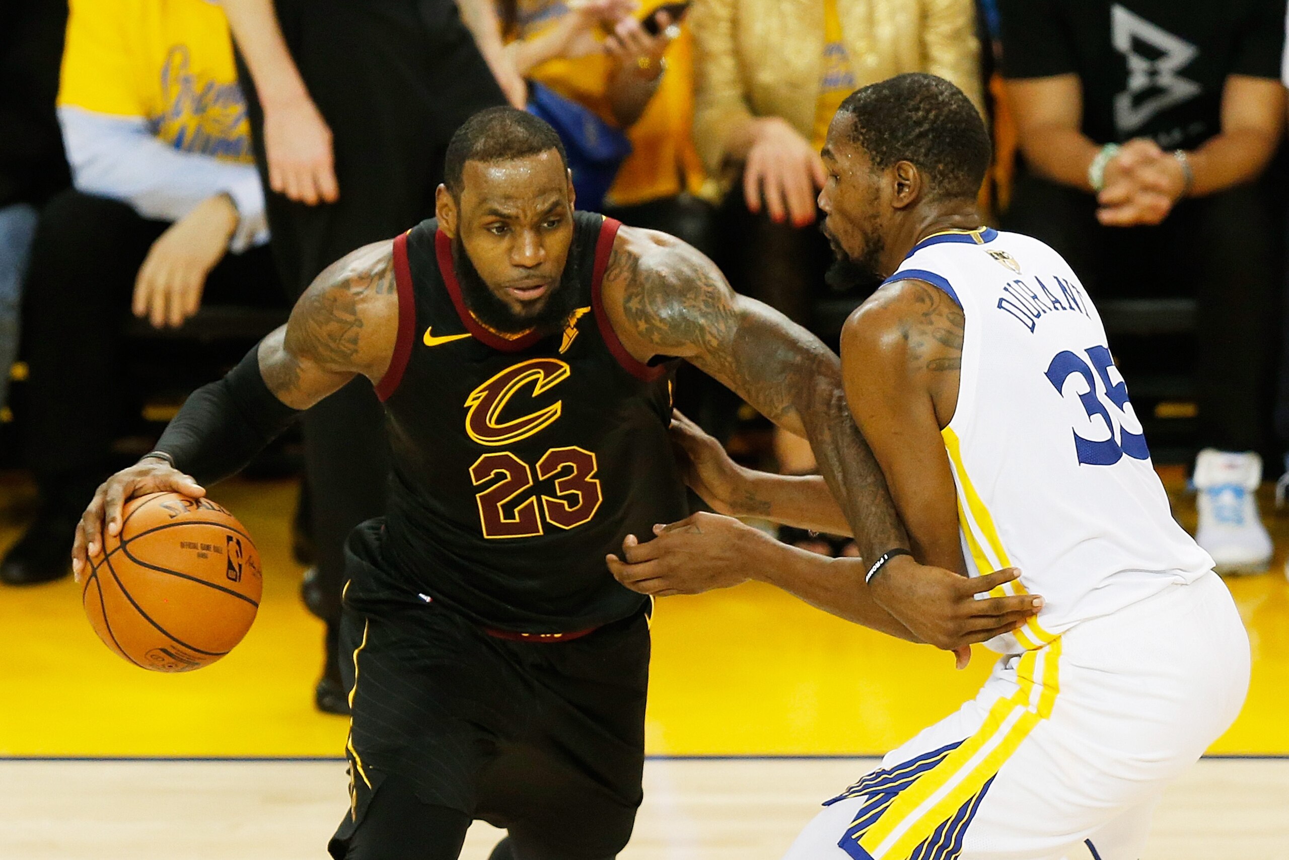 OAKLAND, CA - MAY 31:  LeBron James #23 of the Cleveland Cavaliers drives against Kevin Durant #35 of the Golden State Warriors in Game 1 of the 2018 NBA Finals at ORACLE Arena on May 31, 2018 in Oakland, California. NOTE TO USER: User expressly acknowled