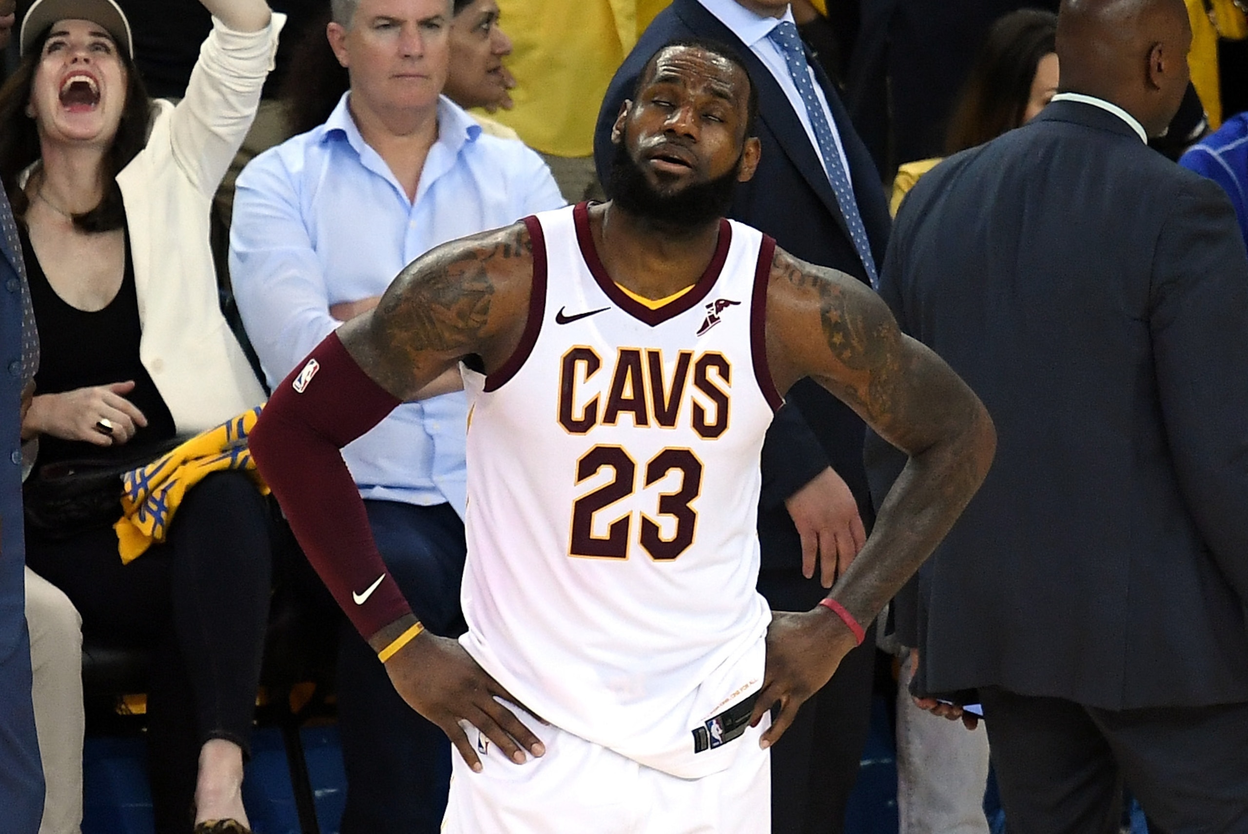 OAKLAND, CA - JUNE 03:  LeBron James #23 of the Cleveland Cavaliers reacts against the Golden State Warriors during the third quarter in Game 2 of the 2018 NBA Finals at ORACLE Arena on June 3, 2018 in Oakland, California. NOTE TO USER: User expressly ack