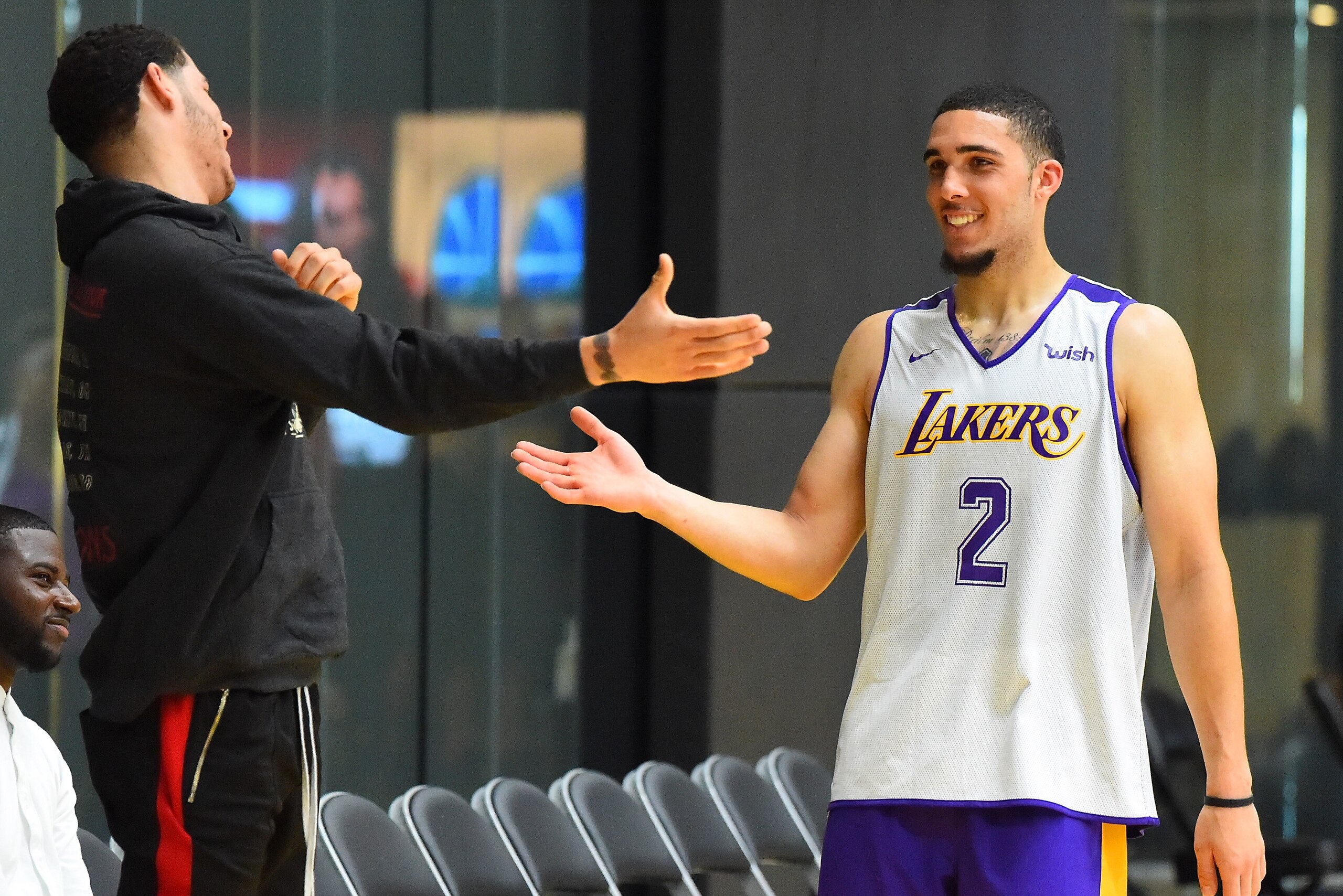 LOS ANGELES, CA - MAY 29:  Lonzo Ball #1 of the Los Angeles Lakers greets his brother LiAngelo Ball #2 after he completed his NBA Pre-Draft Workout with the Los Angeles Lakers on May 29, 2018 in Los Angeles, California.  NOTE TO USER: User expressly ackno
