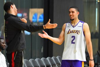 LOS ANGELES, CA - MAY 29: Lonzo Ball #1 of the Los Angeles Lakers greets his brother LiAngelo Ball #2 after he completed his NBA Pre-Draft Workout with the Los Angeles Lakers on May 29, 2018 in Los Angeles, California. NOTE TO USER: User expressly ackno LOS ANGELES, CA - MAY 29: Lonzo Ball #1 of the Los Angeles Lakers greets his brother LiAngelo Ball #2 after he completed his NBA Pre-Draft Workout with the Los Angeles Lakers on May 29, 2018 in Los Angeles, California. NOTE TO USER: User expressly ackno