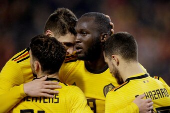 BRUSSEL, BELGIUM - MARCH 27: Romelu Lukaku of Belgium celebrates 2-0 with Dries Mertens of Belgium, Eden Hazard of Belgium during the  International Friendly match between Belgium  v Saudi Arabia  at the Koning Boudewijnstadion on March 27, 2018 in Brusse
