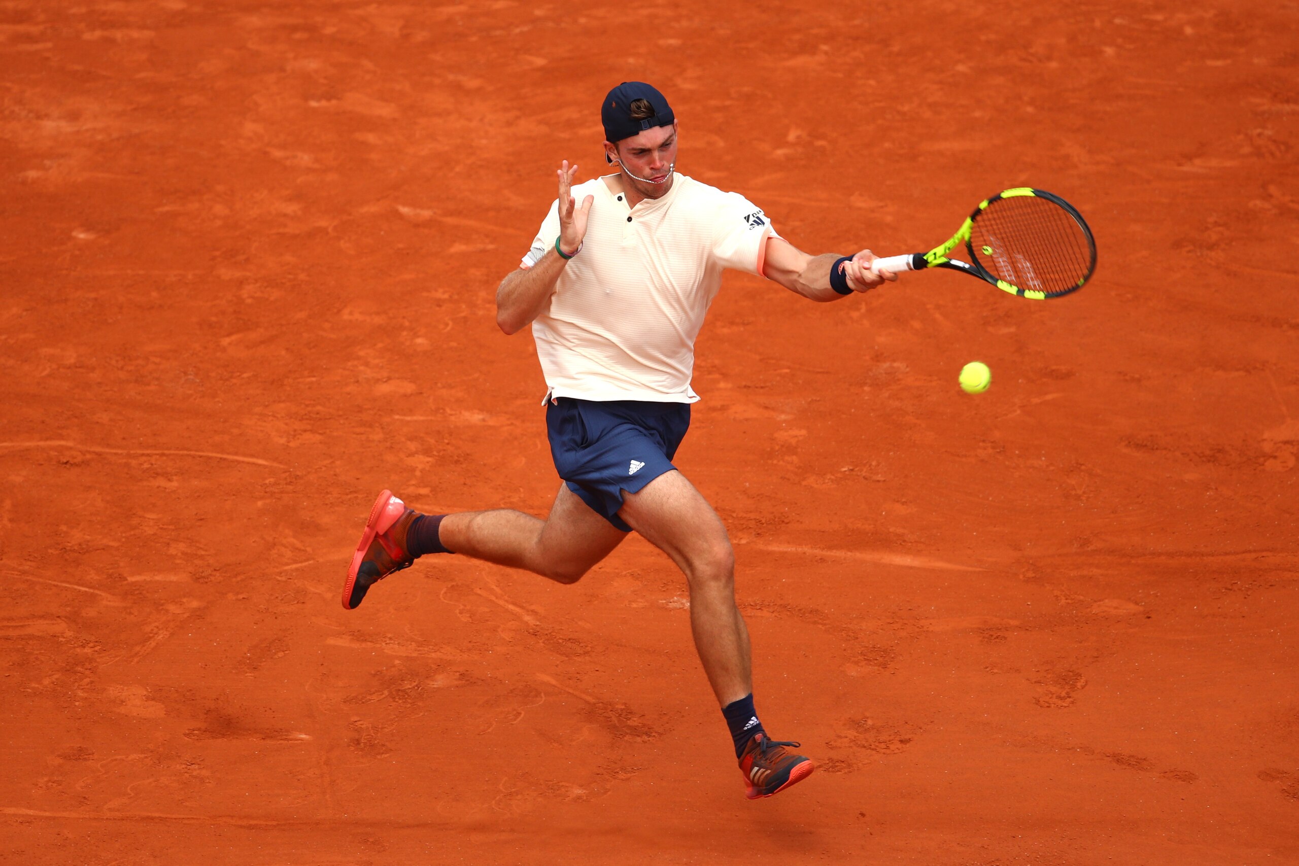 PARIS, FRANCE - JUNE 04:  Maximilian Marterer of Germany plays a forehand during his mens singles fourth round match against Rafael Nadal of Spain during day nine of the 2018 French Open at Roland Garros on June 4, 2018 in Paris, France.  (Photo by Camero