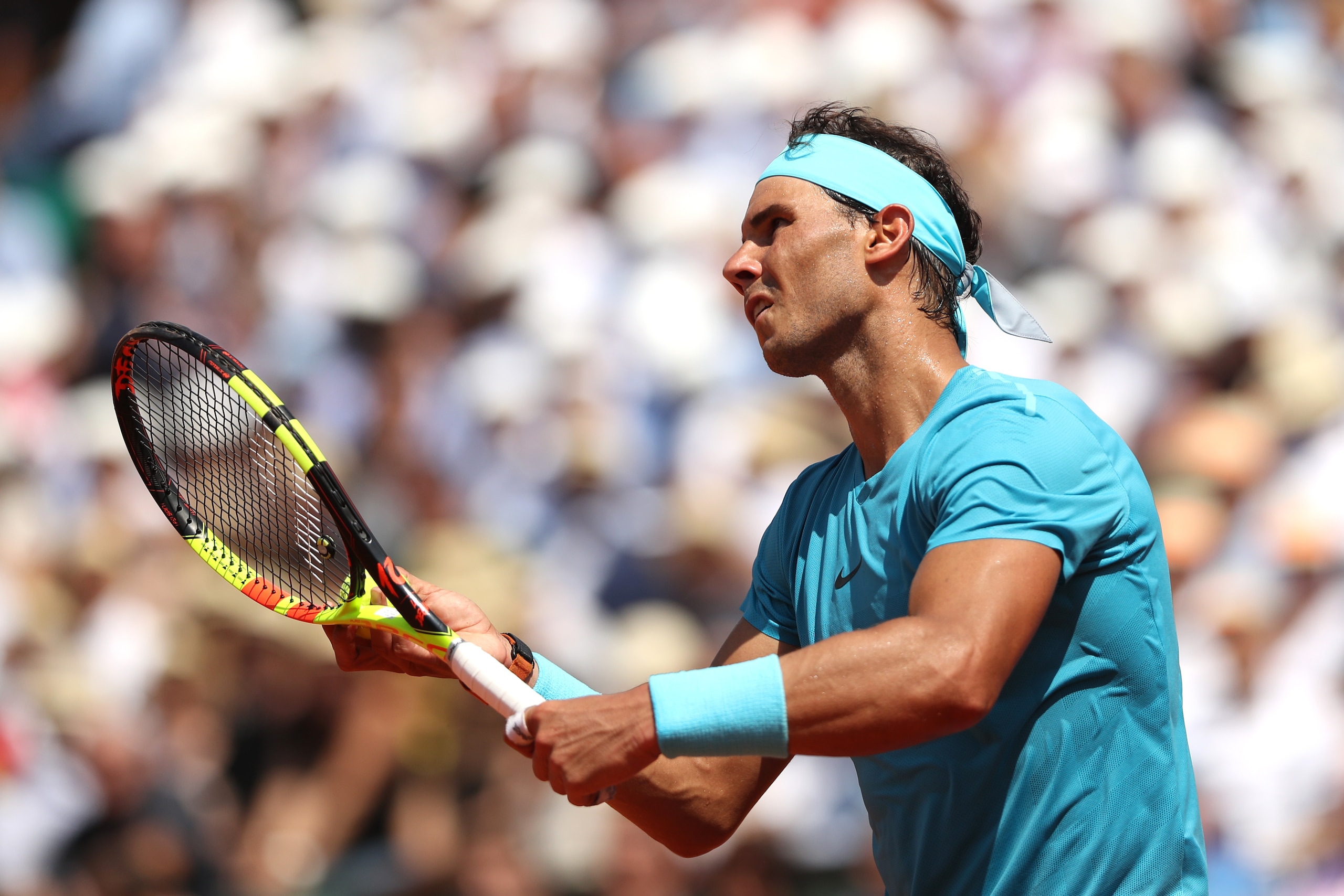 PARIS, FRANCE - JUNE 04:  Rafael Nadal of Spain serves during the mens singles fourth round match against Maximilian Marterer of Germany during day nine of the 2018 French Open at Roland Garros on June 4, 2018 in Paris, France.  (Photo by Matthew Stockman