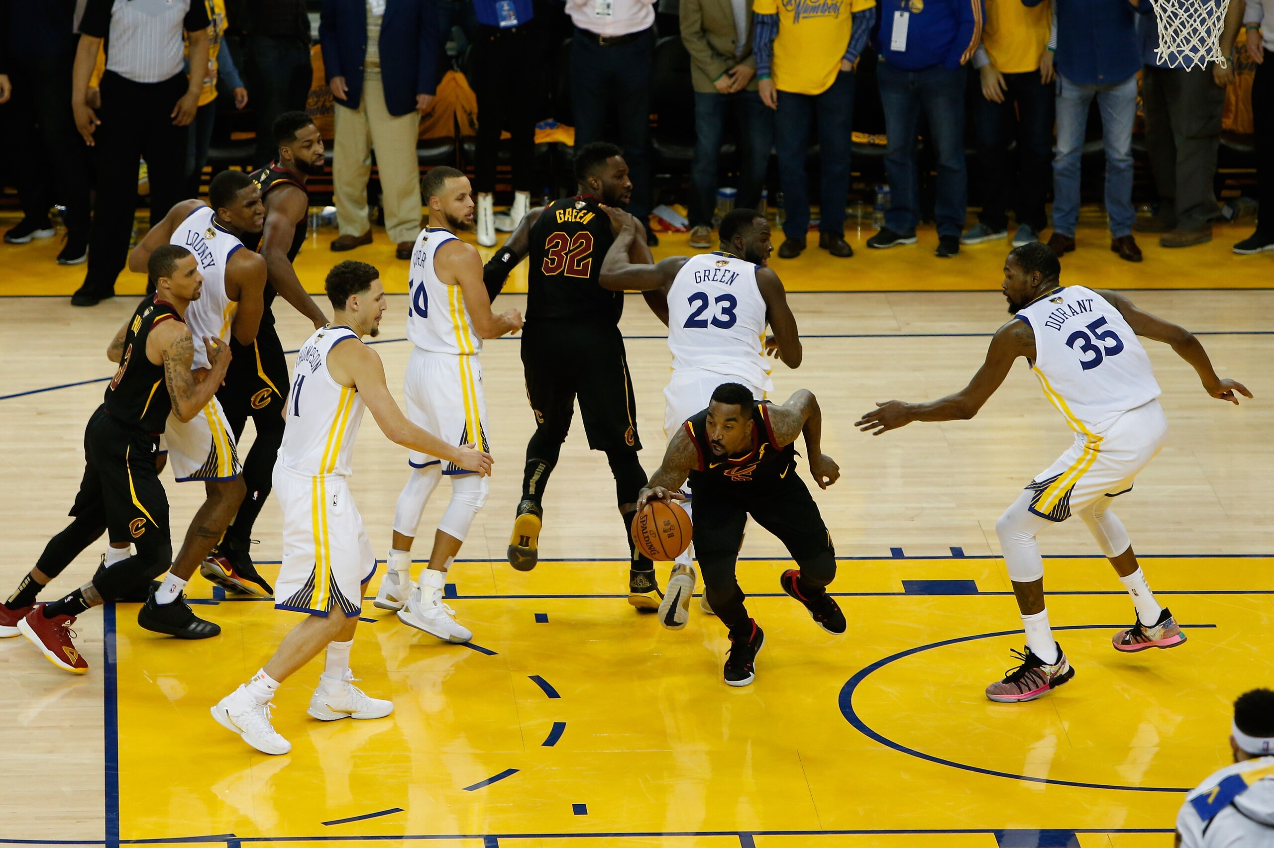 OAKLAND, CA - MAY 31: JR Smith #5 of the Cleveland Cavaliers rebounds the ball after a free throw in the closing seconds against the Golden State Warriors in Game 1 of the 2018 NBA Finals at ORACLE Arena on May 31, 2018 in Oakland, California. NOTE TO US OAKLAND, CA - MAY 31: JR Smith #5 of the Cleveland Cavaliers rebounds the ball after a free throw in the closing seconds against the Golden State Warriors in Game 1 of the 2018 NBA Finals at ORACLE Arena on May 31, 2018 in Oakland, California. NOTE TO US