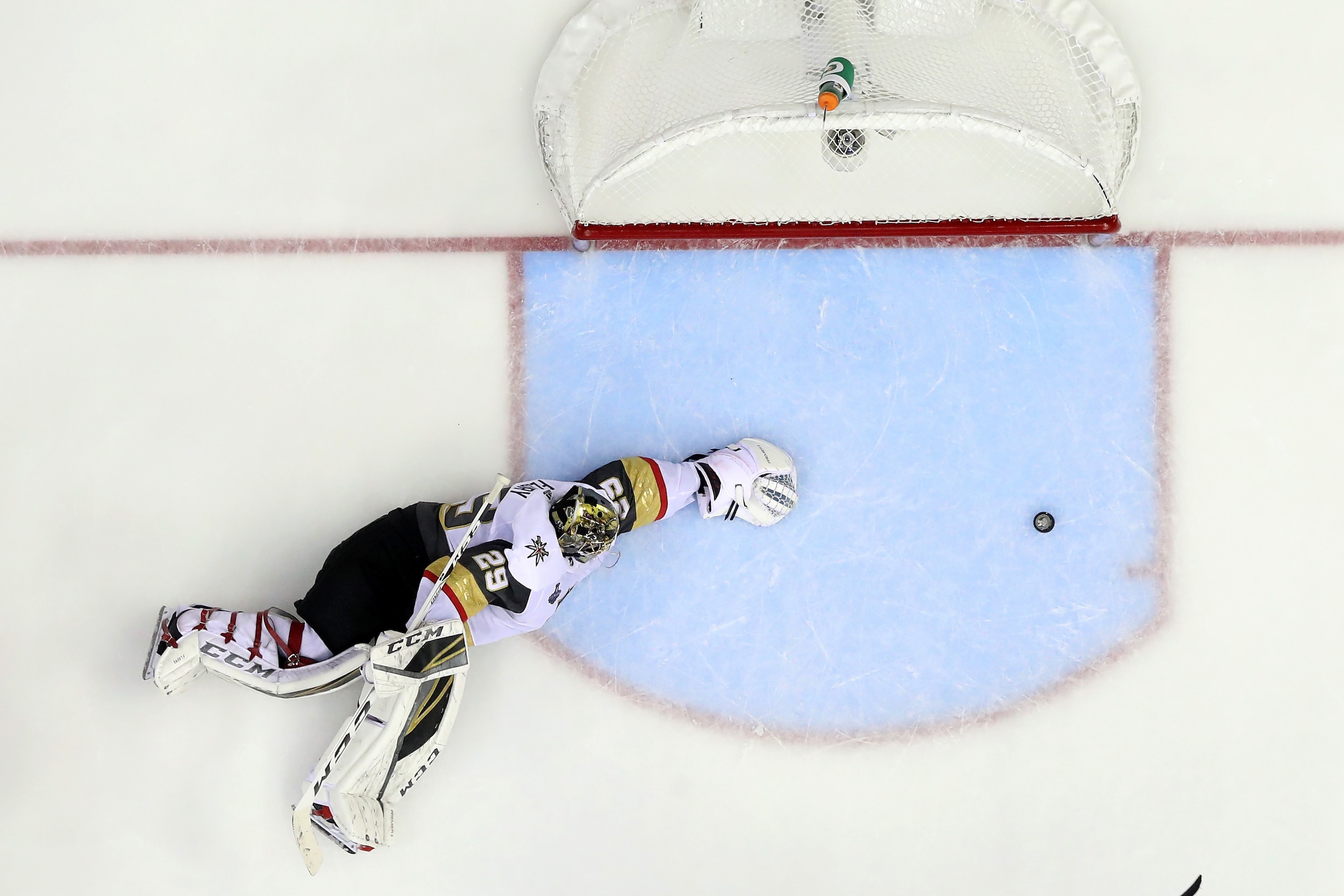 WASHINGTON, DC - JUNE 04:  Marc-Andre Fleury #29 of the Vegas Golden Knights stops a shot against the Washington Capitals in Game Four of the 2018 NHL Stanley Cup Final at Capital One Arena on June 4, 2018 in Washington, DC.  The Capitals defeated the Gol