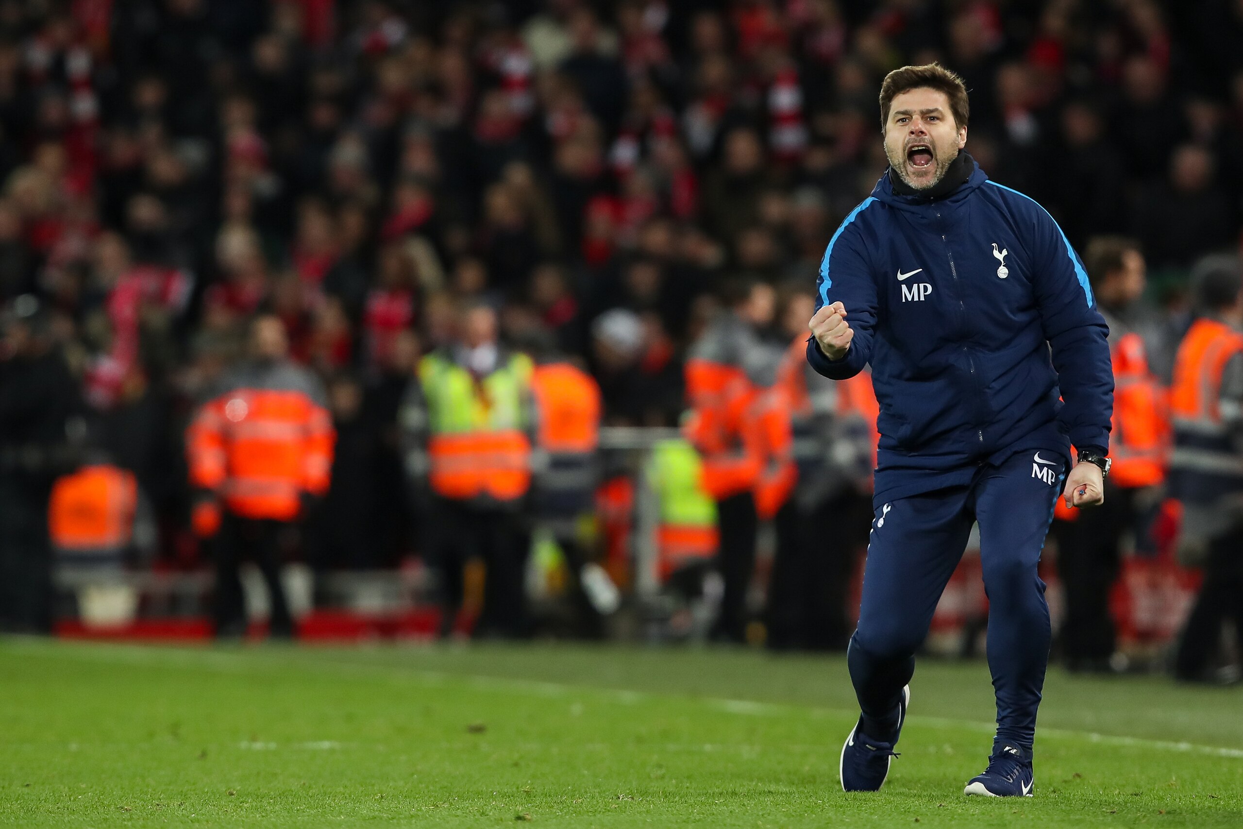 LIVERPOOL, ENGLAND - FEBRUARY 04: Mauricio Pochettino head coach / manager of Tottenham Hotspur celebrates during the Premier League match between Liverpool and Tottenham Hotspur at Anfield on February 4, 2018 in Liverpool, England. (Photo by Robbie Jay B LIVERPOOL, ENGLAND - FEBRUARY 04: Mauricio Pochettino head coach / manager of Tottenham Hotspur celebrates during the Premier League match between Liverpool and Tottenham Hotspur at Anfield on February 4, 2018 in Liverpool, England. (Photo by Robbie Jay B