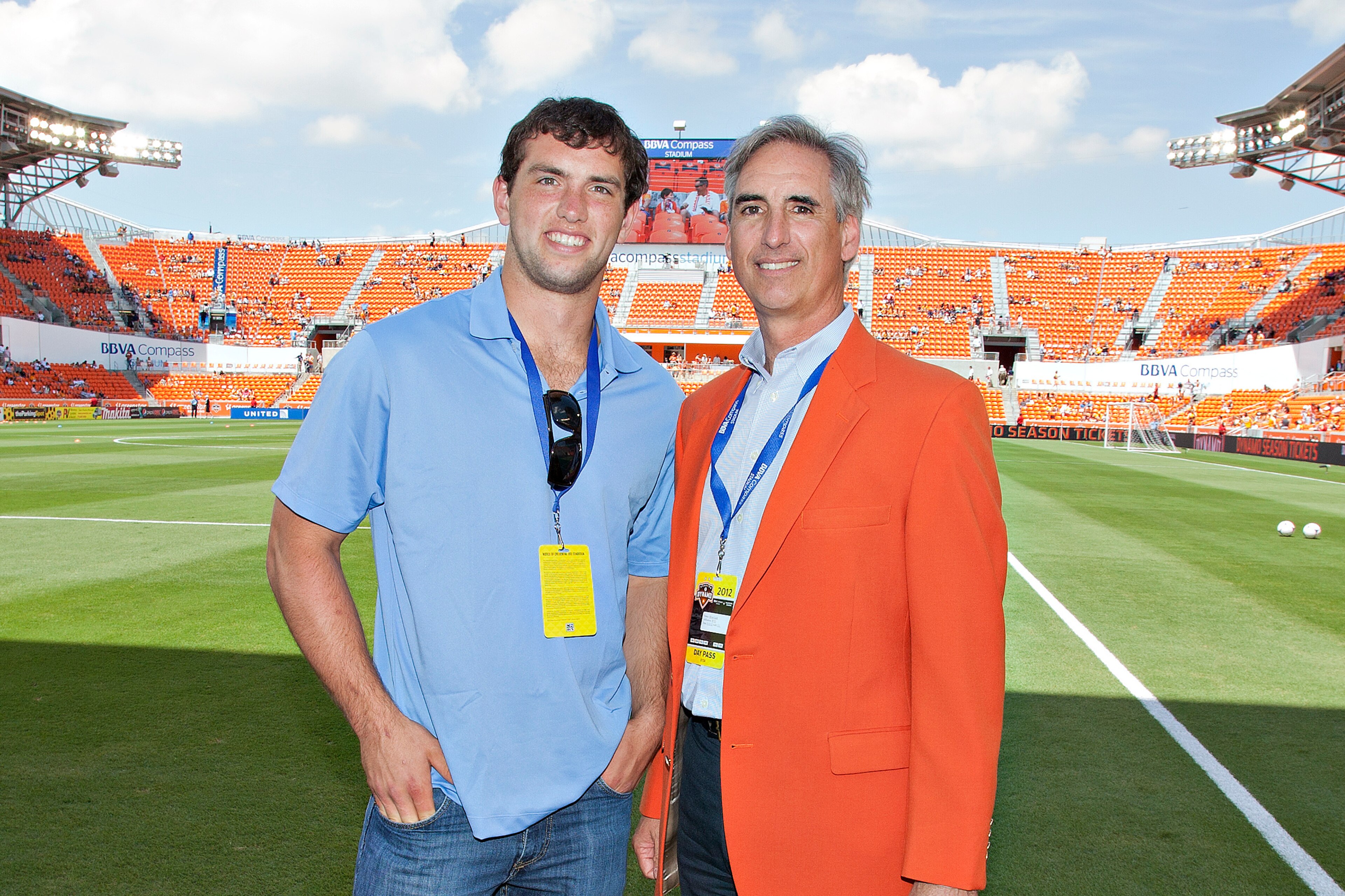 HOUSTON, TX - MAY 12: Former Dynamo President Oliver Luck (R) and his son Andrew Luck, first round pick in the NFL by the Indianapolis Colts during pre-game activity at the inaugural opening at BBVA Compass Stadium on May 12, 2012 in Houston, Texas. (Phot
