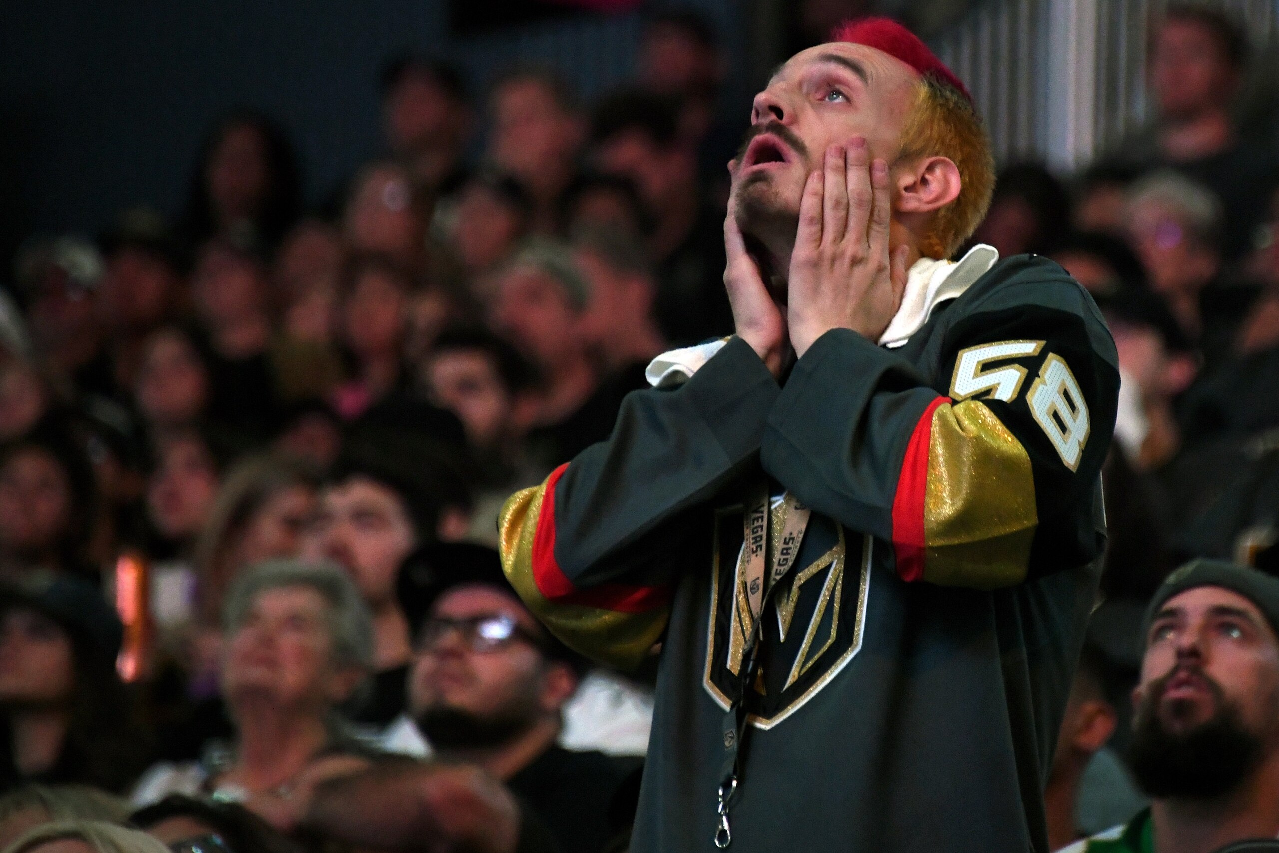 LAS VEGAS, NV - JUNE 04: Vegas Golden Knights fan Jay Bryant-Chavez of Nevada reacts after Tom Wilson #43 of the Washington Capitals scored a first-period goal against the Vegas Golden Knights during a Golden Knights road game watch party for Game Four o LAS VEGAS, NV - JUNE 04: Vegas Golden Knights fan Jay Bryant-Chavez of Nevada reacts after Tom Wilson #43 of the Washington Capitals scored a first-period goal against the Vegas Golden Knights during a Golden Knights road game watch party for Game Four o
