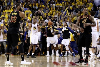 OAKLAND, CA - MAY 31: LeBron James #23 and JR Smith #5 of the Cleveland Cavaliers react as time expries in regulation against the Golden State Warriors  in Game 1 of the 2018 NBA Finals at ORACLE Arena on May 31, 2018 in Oakland, California. NOTE TO USER: