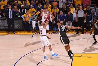 OAKLAND, CA - June 3: Jordan Clarkson #8 of the Cleveland Cavaliers shoots the ball against the Golden State Warriors in Game Two of the 2018 NBA Finals on June 3, 2018 at ORACLE Arena in Oakland, California. NOTE TO USER: User expressly acknowledges and 