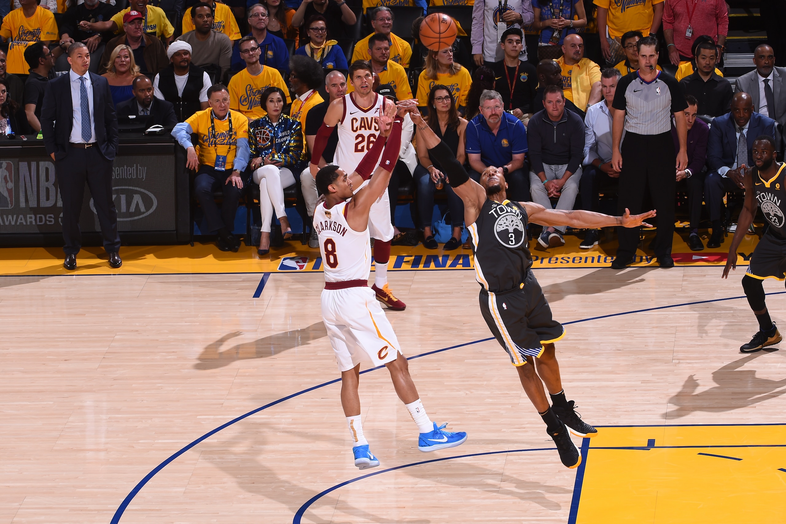 OAKLAND, CA - June 3: Jordan Clarkson #8 of the Cleveland Cavaliers shoots the ball against the Golden State Warriors in Game Two of the 2018 NBA Finals on June 3, 2018 at ORACLE Arena in Oakland, California. NOTE TO USER: User expressly acknowledges and 