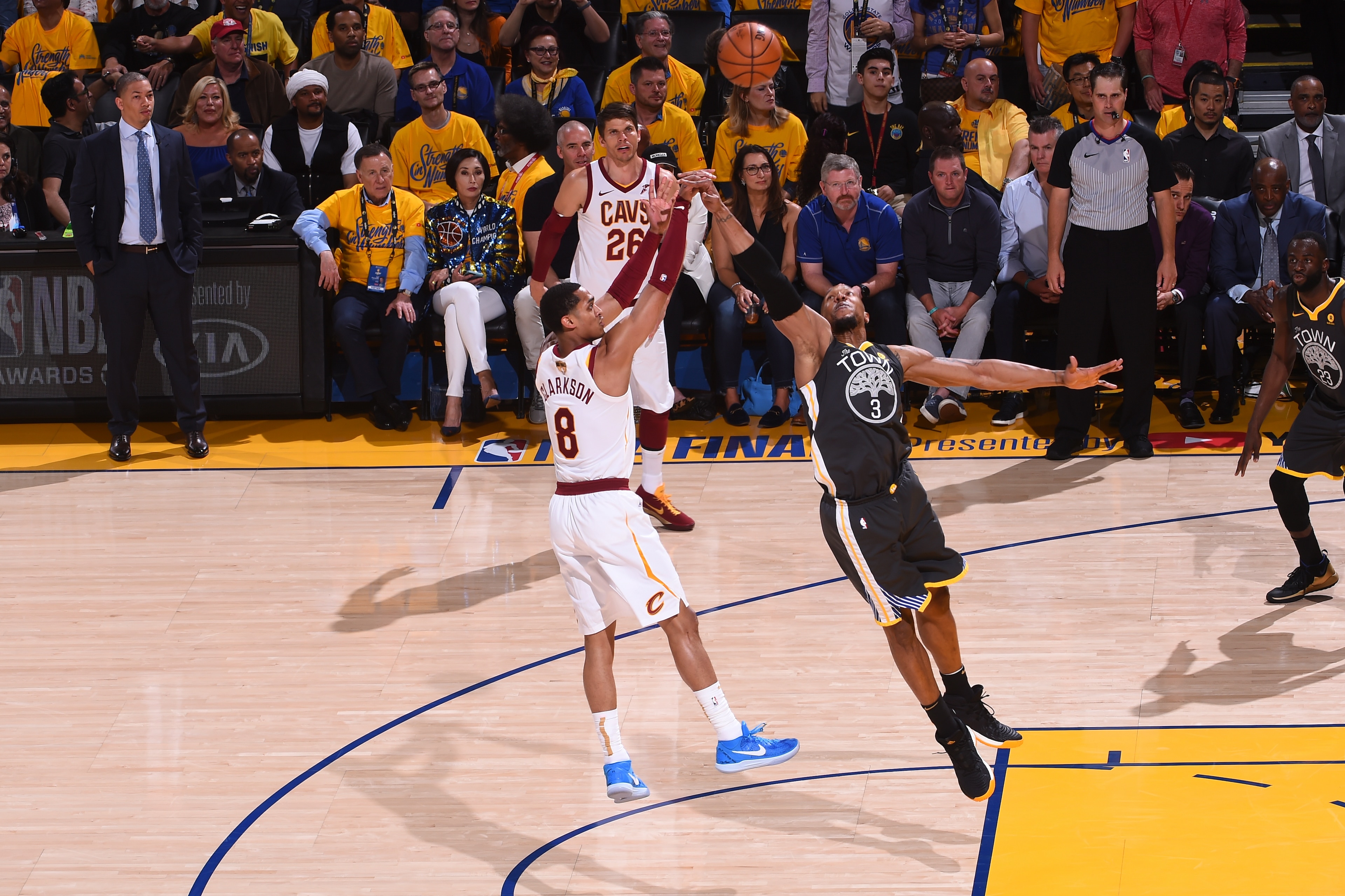 OAKLAND, CA - June 3: Jordan Clarkson #8 of the Cleveland Cavaliers shoots the ball against the Golden State Warriors in Game Two of the 2018 NBA Finals on June 3, 2018 at ORACLE Arena in Oakland, California. NOTE TO USER: User expressly acknowledges and 