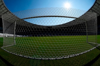 View of one of the original goals, used in the legendary 7-1 2014 World Cup semifinal match between Germany and Brazil, at the Mineirao stadium in Belo Horizonte, Brazil, on June 5, 2018. - Brazil donated one of the goals, used in the legendary match, to 