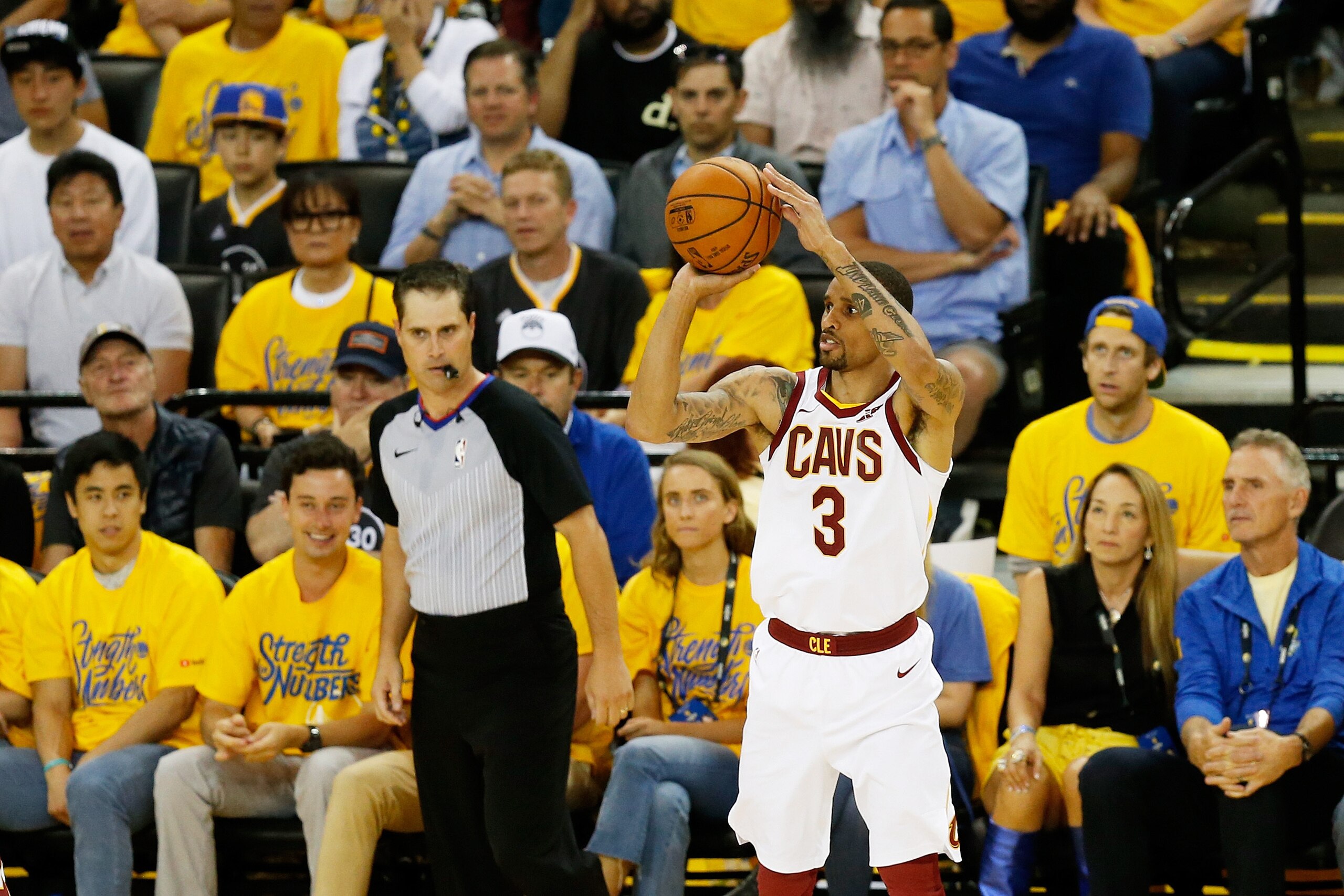 OAKLAND, CA - JUNE 03:  George Hill #3 of the Cleveland Cavaliers shoots against the Golden State Warriors in Game 2 of the 2018 NBA Finals at ORACLE Arena on June 3, 2018 in Oakland, California. NOTE TO USER: User expressly acknowledges and agrees that, 