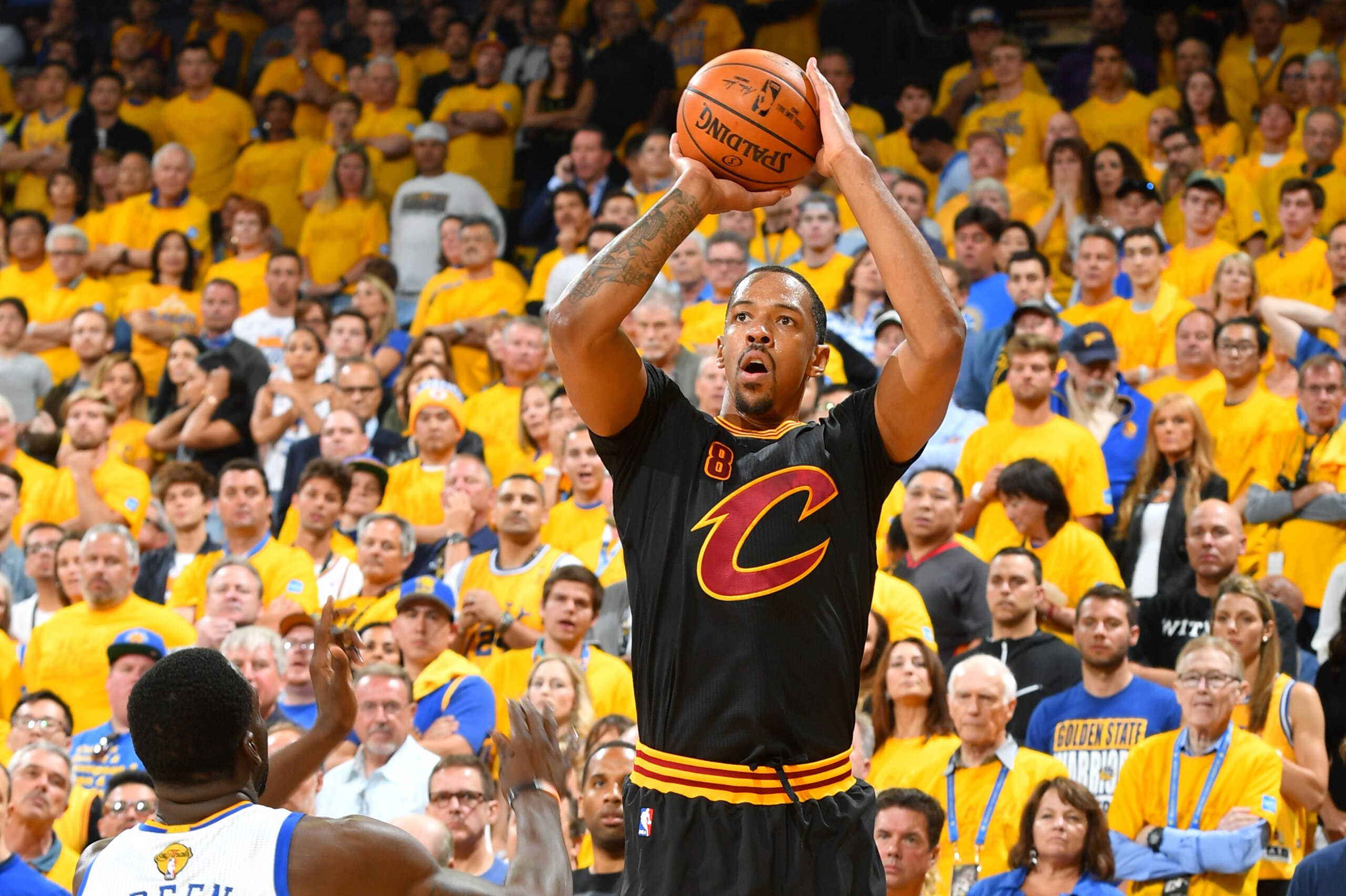 OAKLAND, CA - JUNE 4: Channing Frye #8 of the Cleveland Cavaliers shoots the ball during the game against the Golden State Warriors during Game Two of the 2017 NBA Finals at Oracle Arena on June 4, 2017 in Oakland, California. NOTE TO USER: User expressly