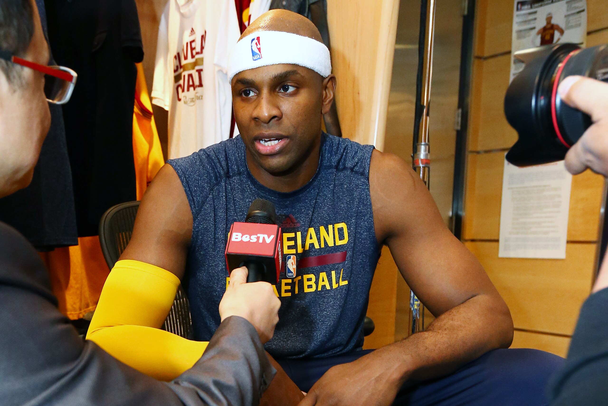 CLEVELAND, OH - JUNE 11:  Brendan Haywood #33 of the Cleveland Cavaliers addresses the media in the locker room prior to Game Four of the 2015 NBA Finals at The Quicken Loans Arena on June 11, 2015 in Cleveland, Ohio. NOTE TO USER: User expressly acknowle
