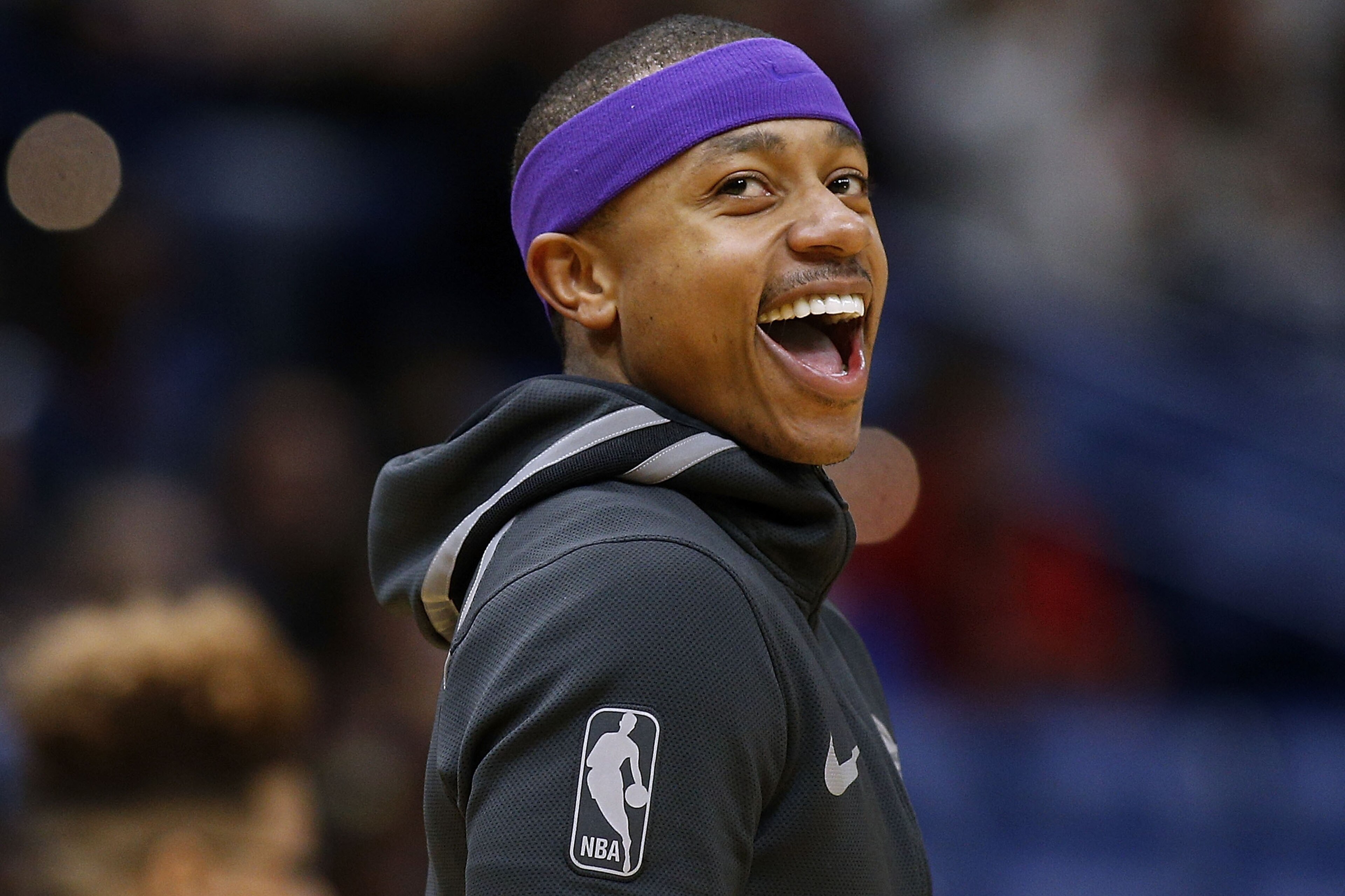 NEW ORLEANS, LA - MARCH 22:  Isaiah Thomas #3 of the Los Angeles Lakers reacts before a game against the New Orleans Pelicans at the Smoothie King Center on March 22, 2018 in New Orleans, Louisiana. NOTE TO USER: User expressly acknowledges and agrees tha