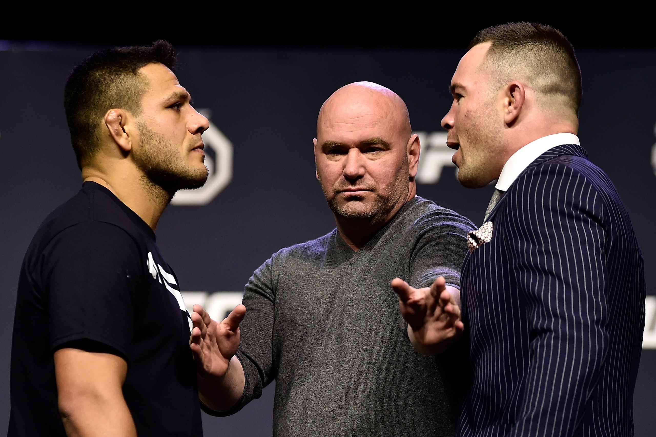 BROOKLYN, NEW YORK - APRIL 06:   (L-R) Opponents Rafael dos Anjos and Colby Covington face off during the UFC press conference inside Barclays Center on April 6, 2018 in Brooklyn, New York. (Photo by Jeff Bottari/Zuffa LLC/Zuffa LLC via Getty Images)