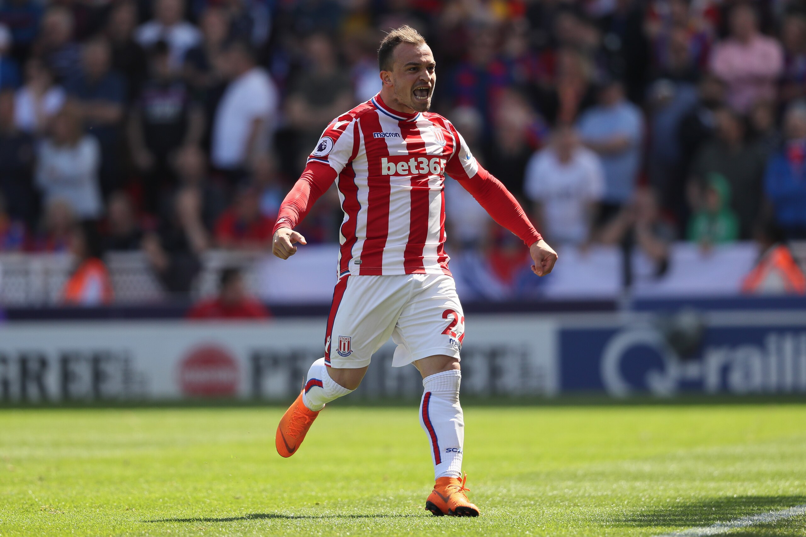 STOKE ON TRENT, ENGLAND - MAY 05: Xherdan Shaqiri of Stoke City celebrates after scoring a goal to make it 1-0 during the Premier League match between Stoke City and Crystal Palace at Bet365 Stadium on May 5, 2018 in Stoke on Trent, England. (Photo by Mat