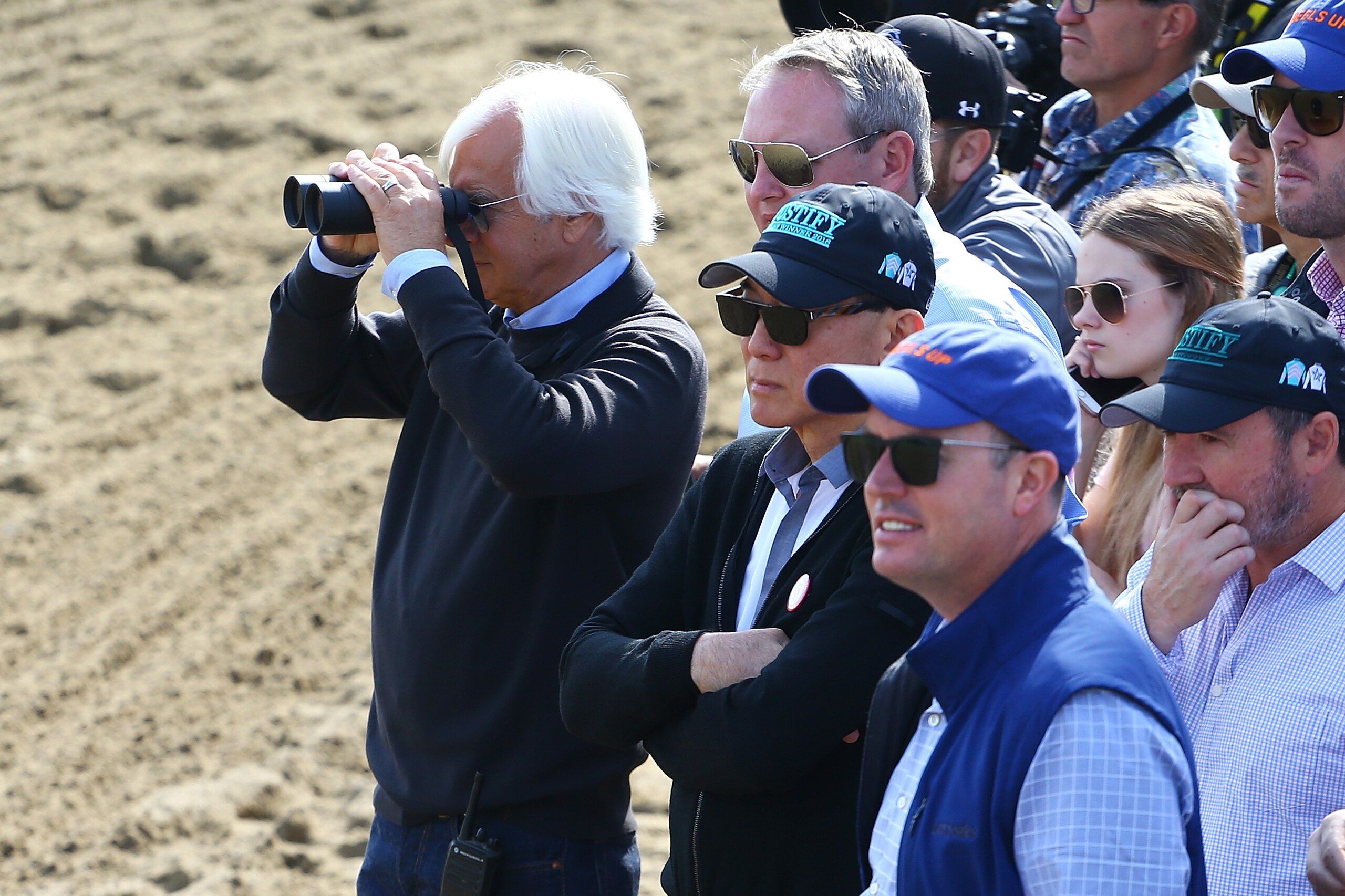 ELMONT, NY - JUNE 08:  Bob Baffert, trainer of Triple Crown and Belmont Stakes contender Justify watches Justify train prior to the 150th running of the Belmont Stakes at Belmont Park on June 8, 2018 in Elmont, New York.  (Photo by Mike Stobe/Getty Images