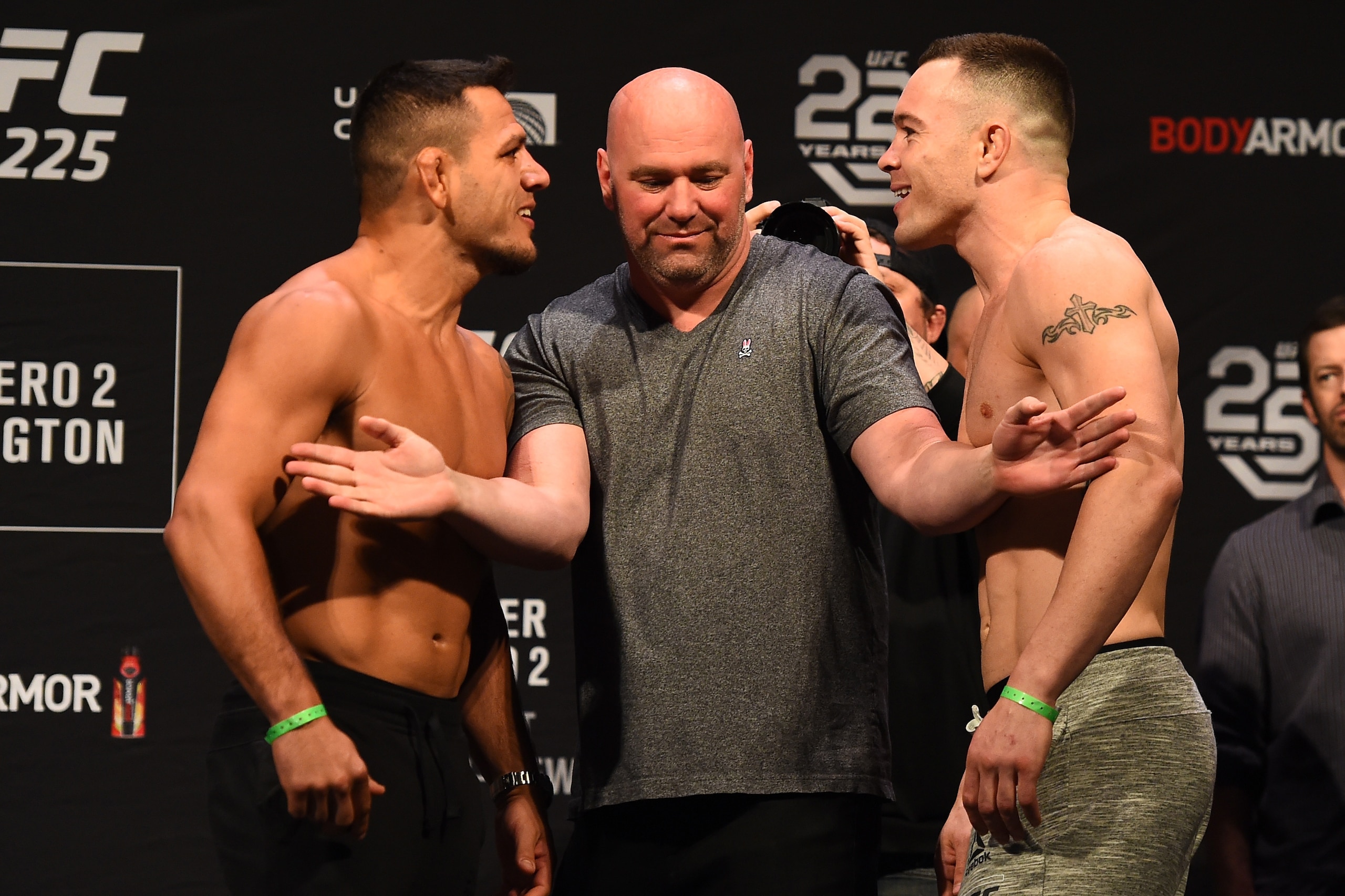 CHICAGO, ILLINOIS - JUNE 08:  (L-R) Opponents Rafael Dos Anjos of Brazil and Colby Covington face off during the UFC 225 weigh-in at the United Center on June 8, 2018 in Chicago, Illinois. (Photo by Josh Hedges/Zuffa LLC/Zuffa LLC via Getty Images)