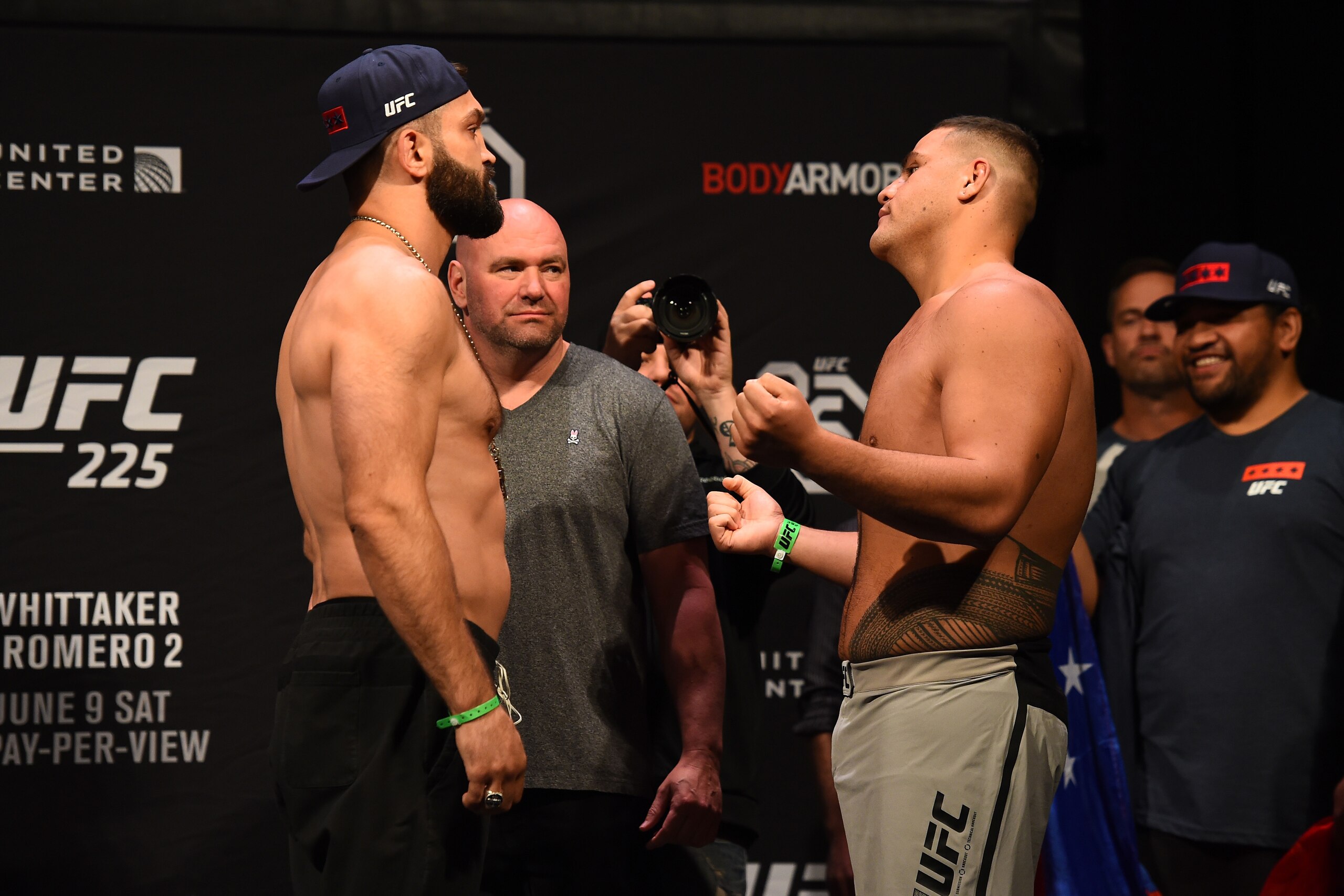 CHICAGO, ILLINOIS - JUNE 08:  (L-R) Opponents Andrei Arlovski of Belarus and Tai Tuivasa of Australia face off during the UFC 225 weigh-in at the United Center on June 8, 2018 in Chicago, Illinois. (Photo by Josh Hedges/Zuffa LLC/Zuffa LLC via Getty Image