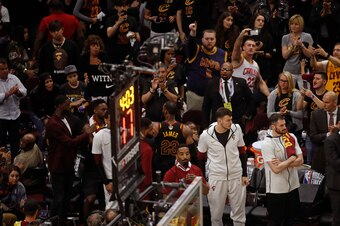 CLEVELAND, OH - JUNE 8: LeBron James #23 of the Cleveland Cavaliers walks off the court and waves to fans in Game Four of the 2018 NBA Finals against the Golden State Warriorson June 8, 2018 at Quicken Loans Arena in Cleveland, Ohio. NOTE TO USER: User ex