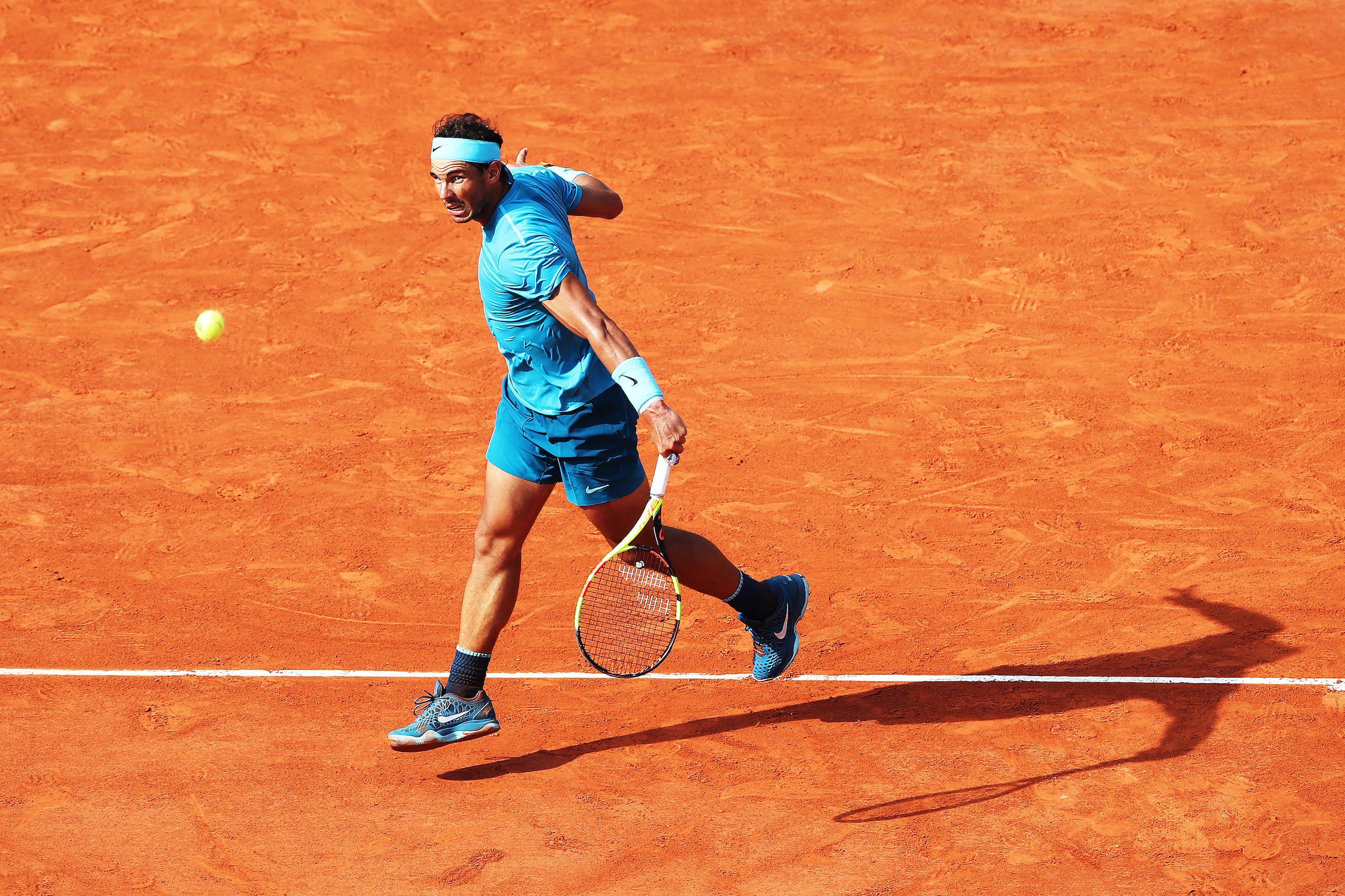 PARIS, FRANCE - JUNE 08:  Rafael Nadal of Spain plays a shot in his Men's Singles Semi Final match against Juan Martin del Potro of Argentina during day thirteen of the 2018 French Open at Roland Garros on June 8, 2018 in Paris, France.  (Photo by Ian Mac