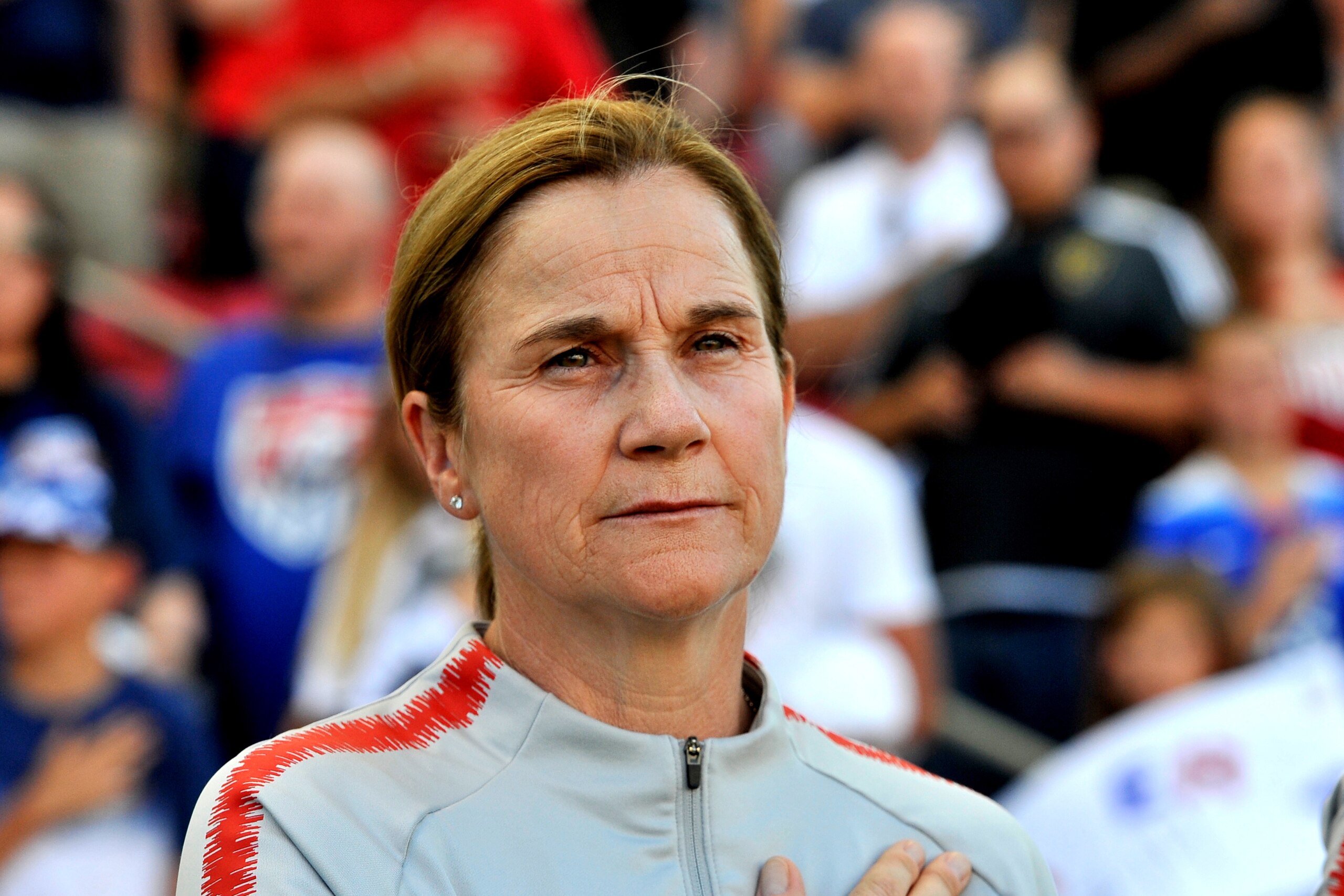 SANDY UT- JUNE 07: Head coach Jill Ellis of the United States looks on prior to the start of an international friendly soccer match between China and the United States at Rio Tinto Stadium on June 7, 2018 in Sandy, Utah. (Photo by Gene Sweeney Jr/Getty Im