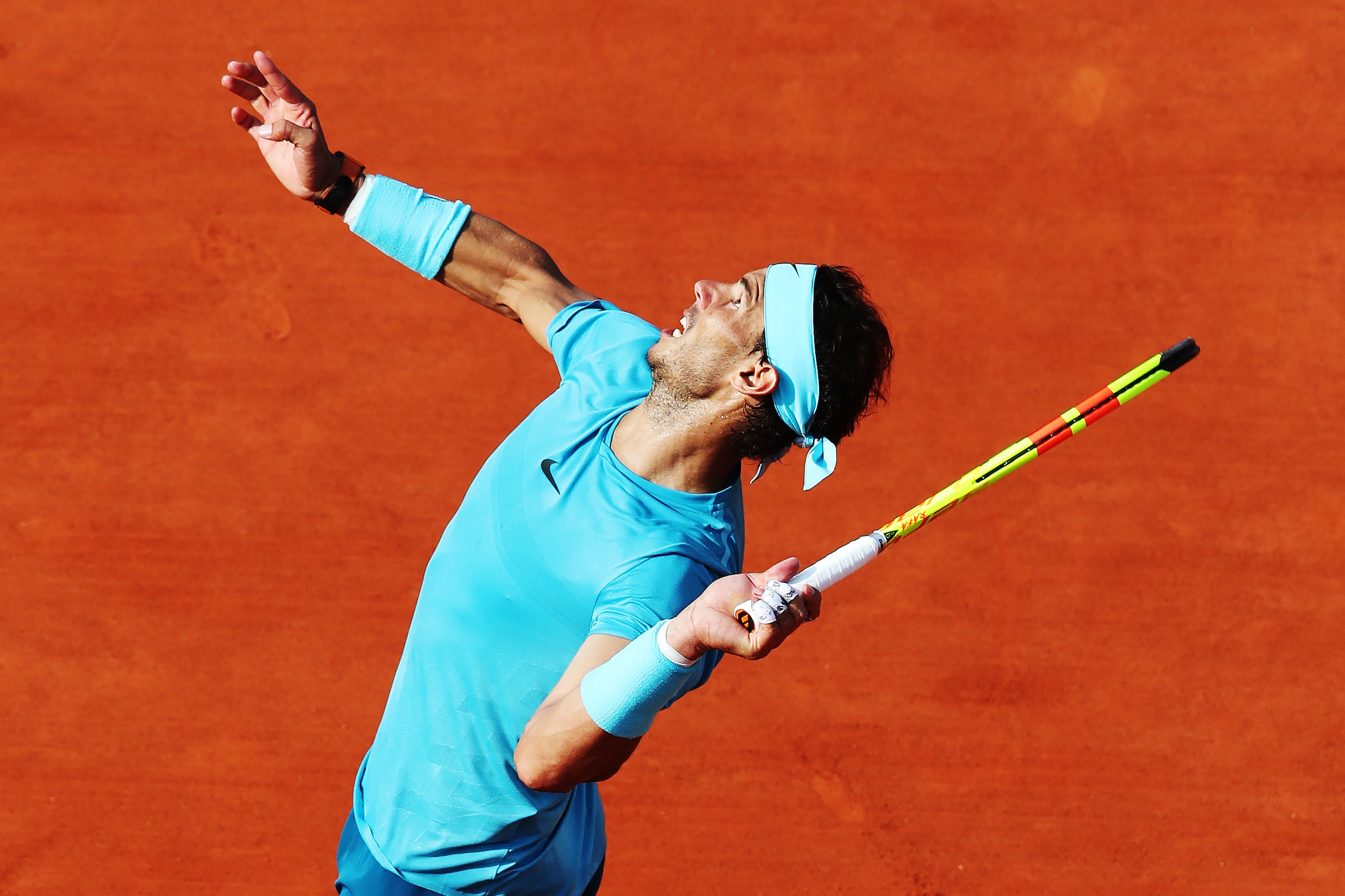 PARIS, FRANCE - JUNE 08:  Rafael Nadal of Spain plays a shot in his Men's Singles Semi Final match against Juan Martin del Potro of Argentina during day thirteen of the 2018 French Open at Roland Garros on June 8, 2018 in Paris, France.  (Photo by Ian Mac