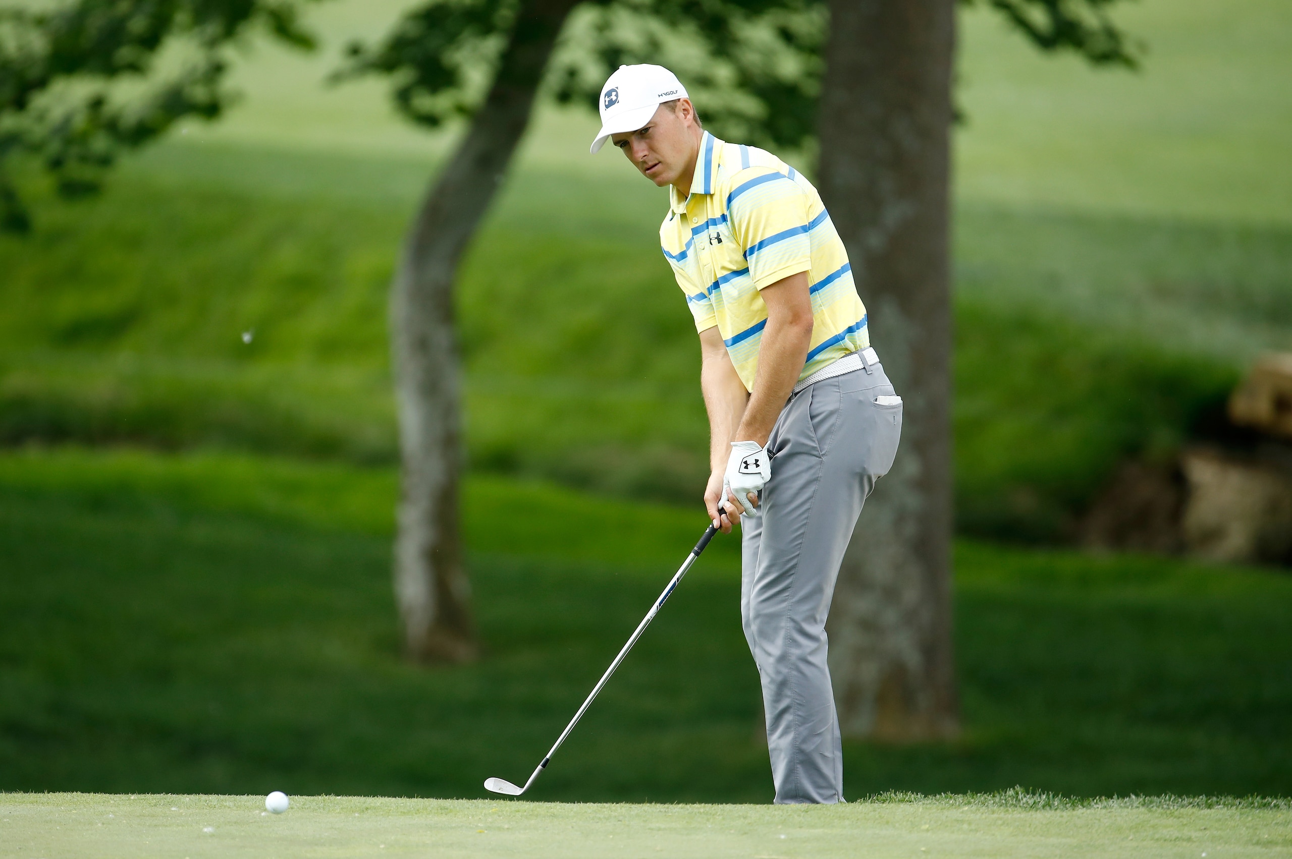 DUBLIN, OH - MAY 30:  Jordan Spieth hits his second shot on the fourth hole during the Pro-Am of The Memorial Tournament Presented By Nationwide at Muirfield Village Golf Club on May 30, 2018 in Dublin, Ohio.  (Photo by Andy Lyons/Getty Images)