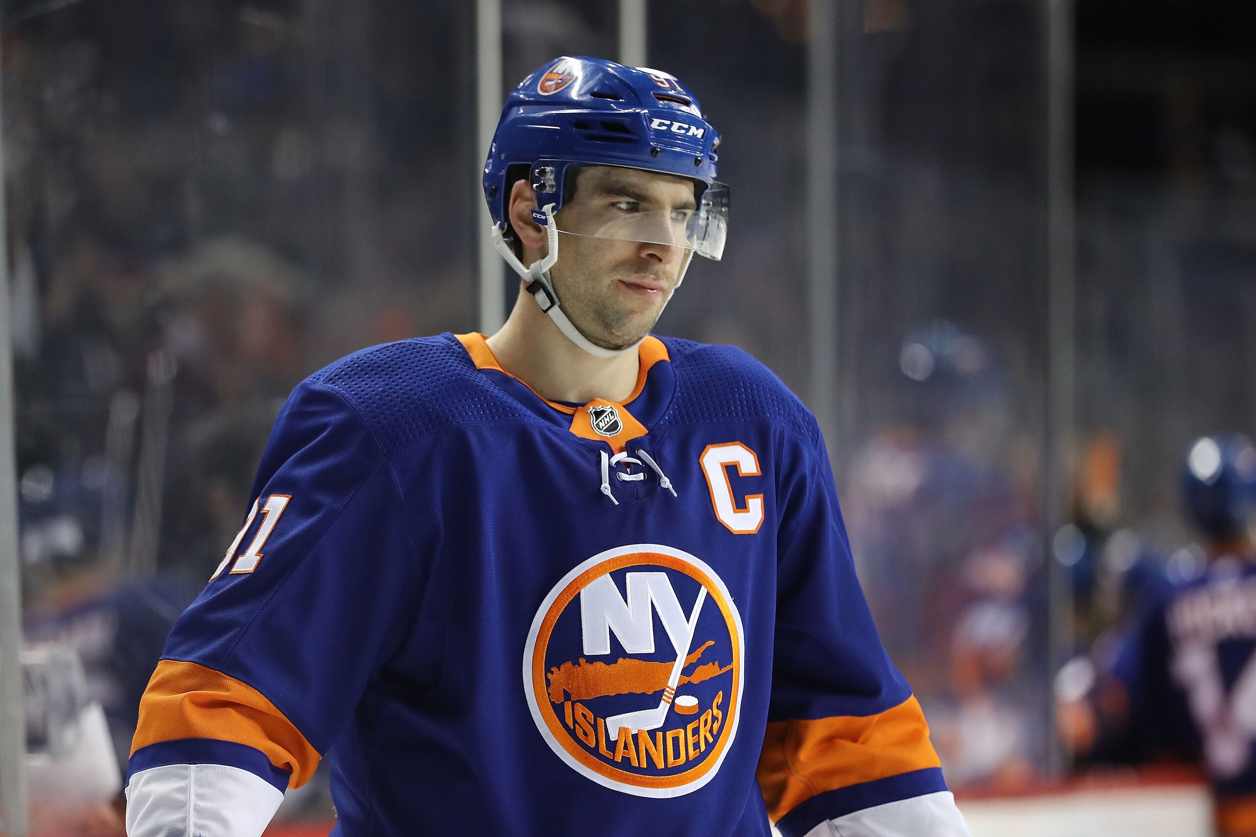 NEW YORK, NY - MARCH 26: John Tavares #91 of the New York Islanders reacts in the third period against the Florida Panthers during their game at Barclays Center on March 26, 2018 in the Brooklyn borough of New York City.  (Photo by Abbie Parr/Getty Images