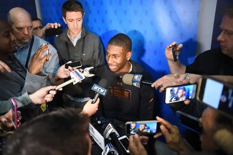 CHICAGO, IL - MAY 17:  Jaren Jackson speaks with reporters during Day One of the NBA Draft Combine at Quest MultiSport Complex on May 17, 2018 in Chicago, Illinois.  NOTE TO USER: User expressly acknowledges and agrees that, by downloading and or using th
