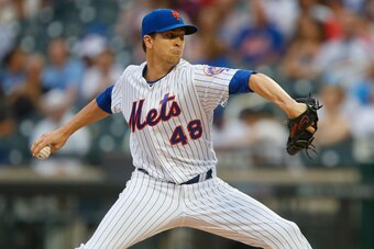 NEW YORK, NY - JUNE 02:  Jacob deGrom #48 of the New York Mets in action against the Chicago Cubs at Citi Field on June 2, 2018 in the Flushing neighborhood of the Queens borough of New York City. The Cubs defeated the Mets 7-1 in 14 innings.  (Photo by J