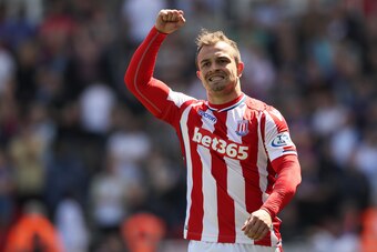 STOKE ON TRENT, ENGLAND - MAY 05: Xherdan Shaqiri of Stoke City celebrates after scoring a goal to make it 1-0 during the Premier League match between Stoke City and Crystal Palace at Bet365 Stadium on May 5, 2018 in Stoke on Trent, England. (Photo by Mat