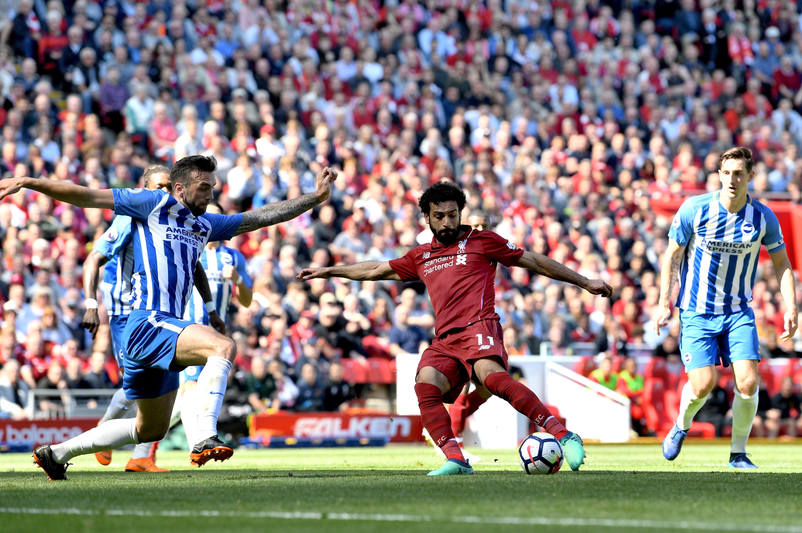 LIVERPOOL, ENGLAND - MAY 13:  Mohamed Salah of Liverpool scores his sides first goal during the Premier League match between Liverpool and Brighton and Hove Albion at Anfield on May 13, 2018 in Liverpool, England.  (Photo by Michael Regan/Getty Images)
