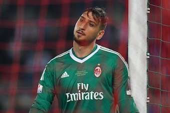 ROME, ITALY - MAY 09:  Gianluigi Donnarumma of AC Milan reacts during the TIM Cup  Final between Juventus and AC Milan at Stadio Olimpico on May 9, 2018 in Rome, Italy.  (Photo by Alessandro Sabattini/Getty Images)