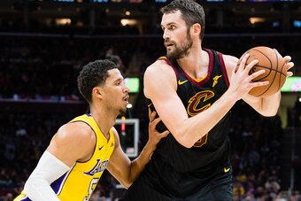 CLEVELAND, OH - DECEMBER 14: Josh Hart #5 of the Los Angeles Lakers guards Kevin Love #0 of the Cleveland Cavaliers during the second half at Quicken Loans Arena on December 14, 2017 in Cleveland, Ohio. The Cavaliers defeated the Lakers 121-112. NOTE TO U