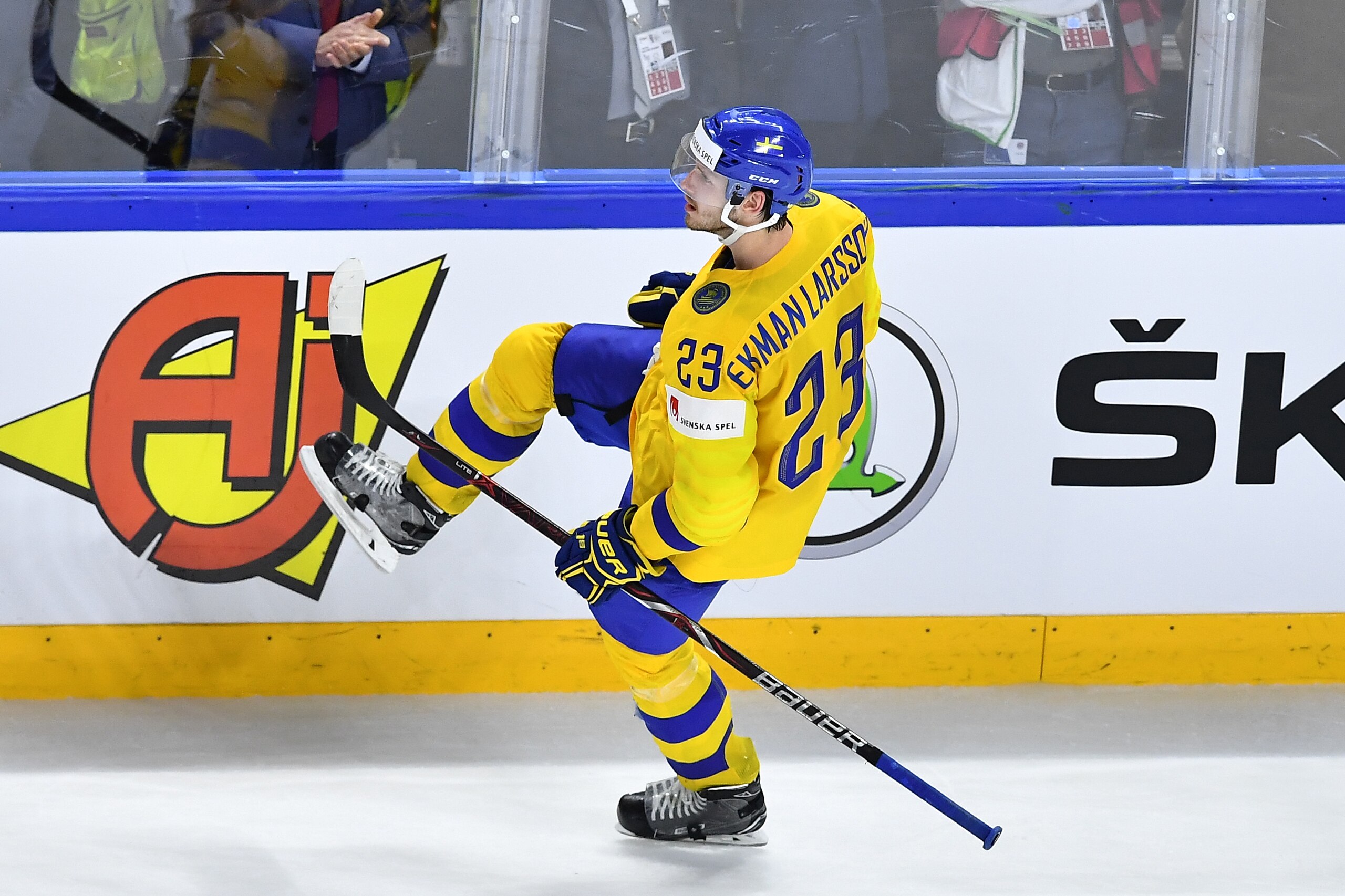 Sweden's Oliver Ekman-Larsson reacts during the final match Sweden vs Switzerland of the 2018 IIHF Ice Hockey World Championship at the Royal Arena in Copenhagen, Denmark, on May 20, 2018. (Photo by JOE KLAMAR / AFP)        (Photo credit should read JOE K