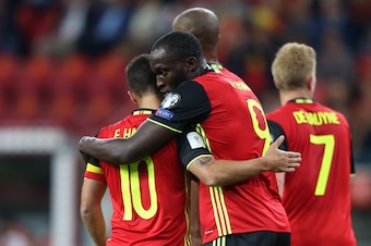 20170831 - Liege, Belgium / Fifa WC 2018 Qualifying match : Belgium v Gibraltar / 'nEden HAZARD - Romelu LUKAKU - Celebration'nEuropean Qualifiers / Qualifying Round Group H /  'nPicture by Vincent Van Doornick / Isosport